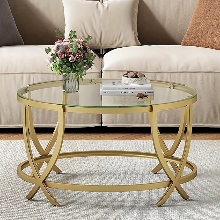 Round Coffee Table For Living Room, Golden Coffee Table With Tempered Glass & Metal Frame, Modern Glass Coffee Table For Home&Office