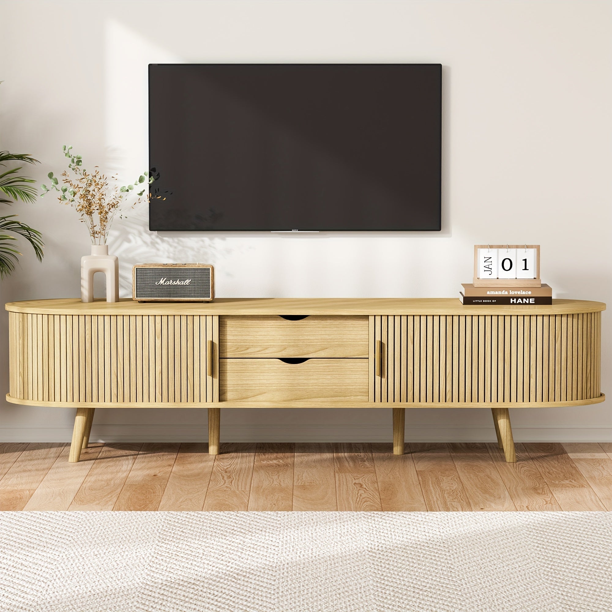 Chic Curved Edge Modern TV Stand - 140/175cm Oak/Walnut, Farmhouse Style with 2 Drawers & Adjustable Shelves, Solid Wood Legs, Beige Media Console Table, Tv Console for Living Room