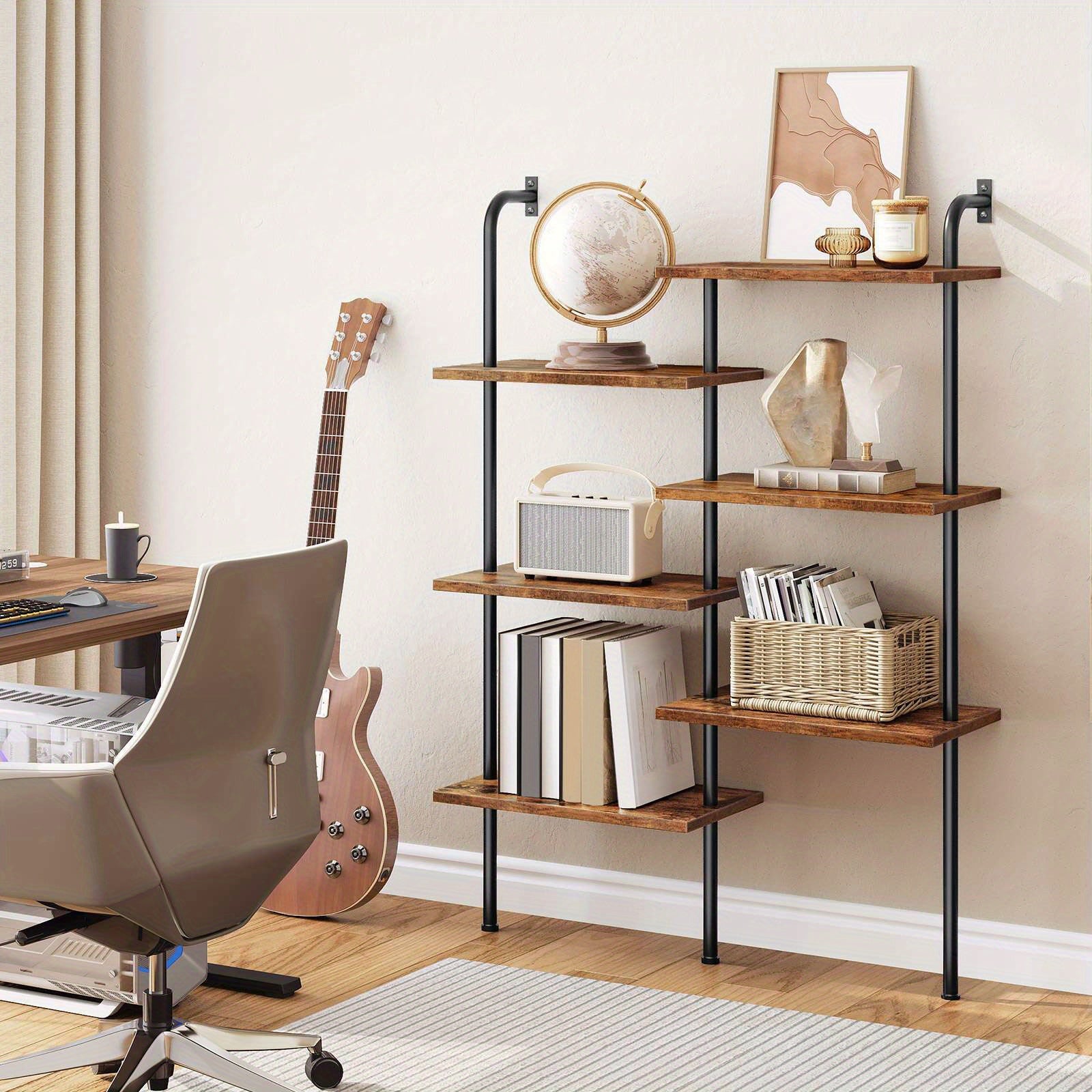 6-Tier Rustic Brown Corner Bookshelf - Space-Saving L-Shaped Wall Mount, Anti-Tip Metal Frame with Wooden Shelves for Living Room, Balcony, Study - Ideal for Decorative Displays and Organizing Books, Decorative Bookshelf | Op