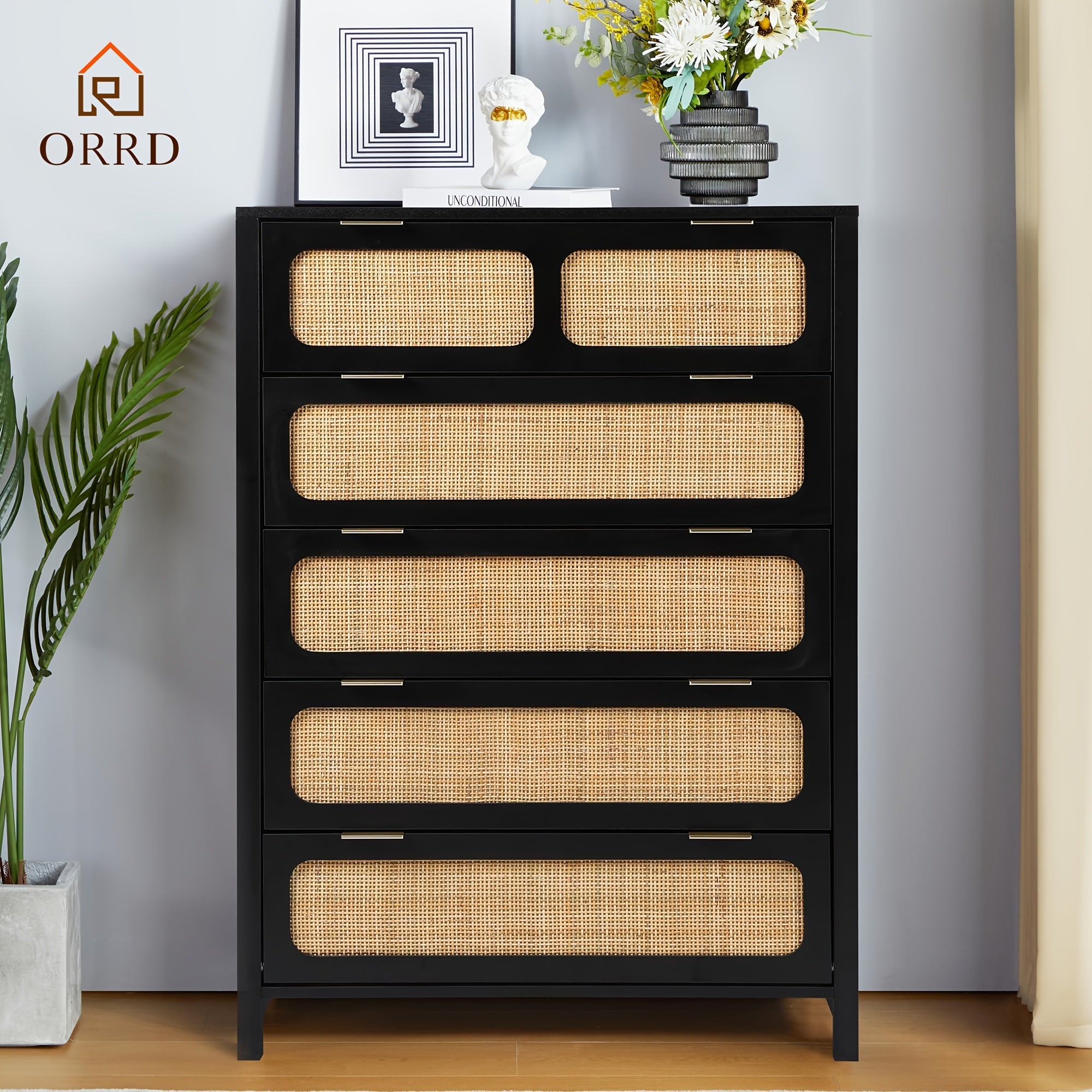 5 Drawer Dresser For Bedroom, Wide Chest Of Drawers With Storage, Rattan Nightstand Cabinet Dresser For Bedroom Hallway Living Room Entryway Office