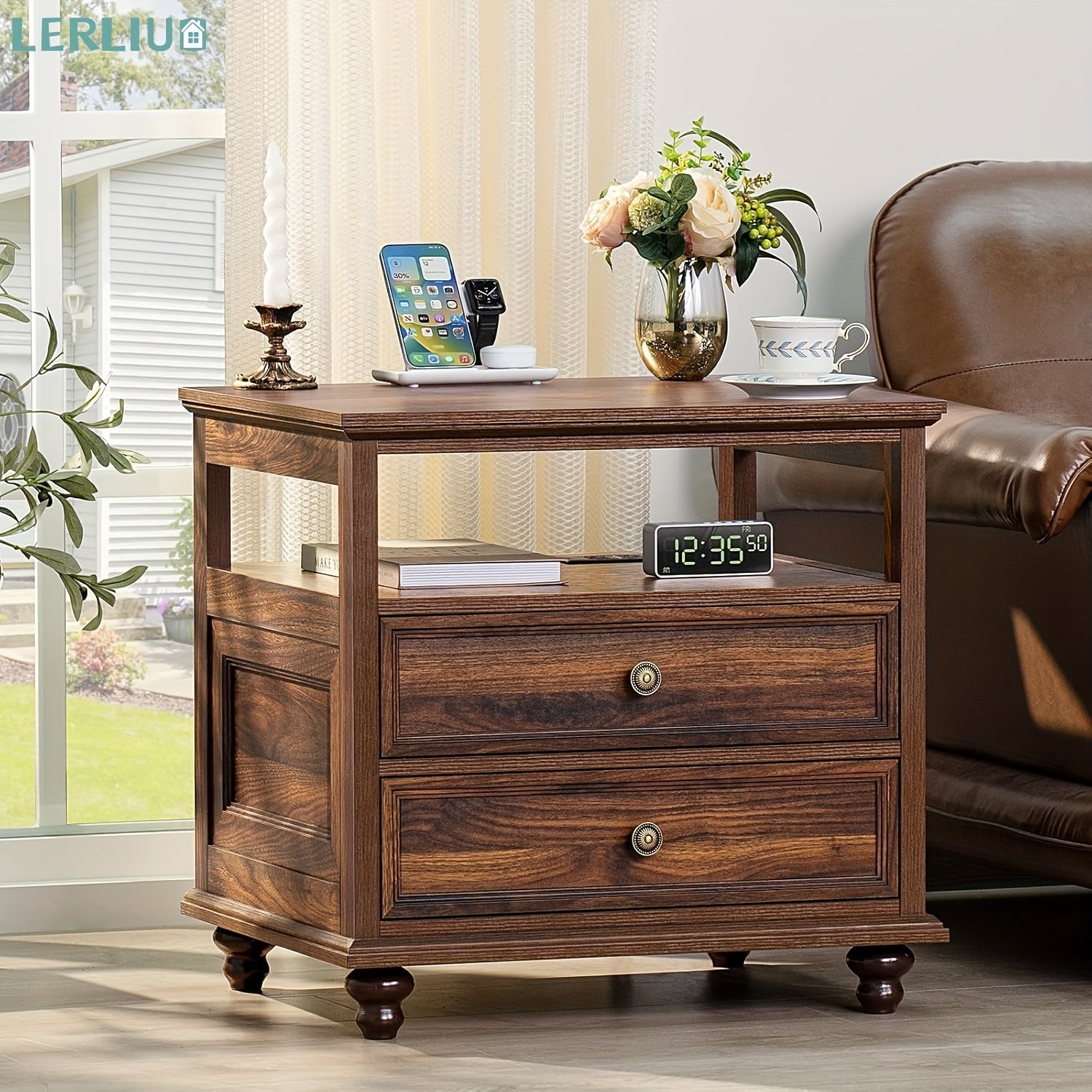 Farmhouse-Style Nightstand with Charging Station - 23.6" Wide, Dual Drawer, Brown Hardwood End Table - Ideal for Bedroom & Living Room, Features Modern Design with Smartphone Holder & Decorative Top