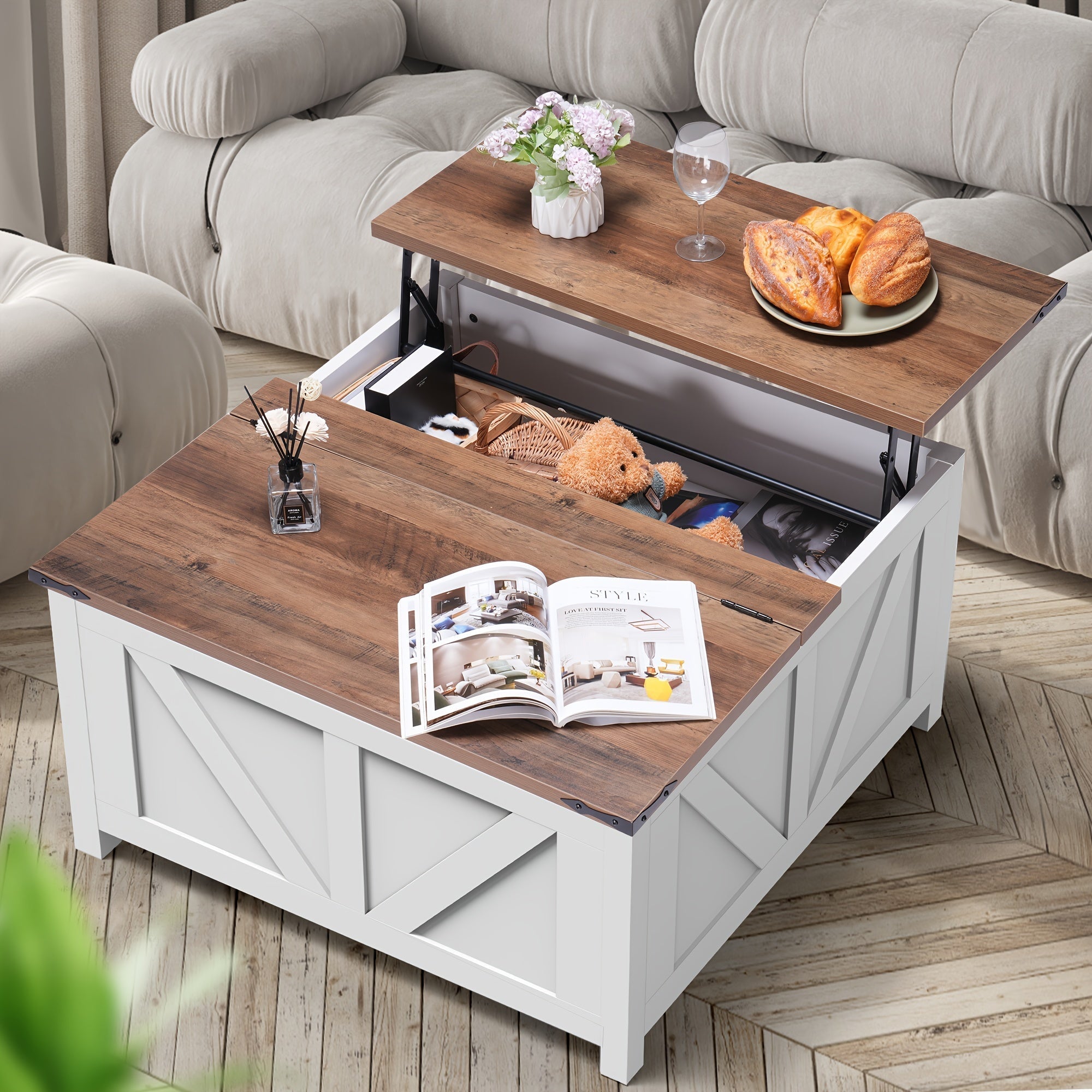 Square Wooden Center Table, Lift Coffee Table, End Table With Large Hidden Storage Compartment For Living Room, Rustic Cocktail White Modern Table With Hinged Lift Top, Brown Top