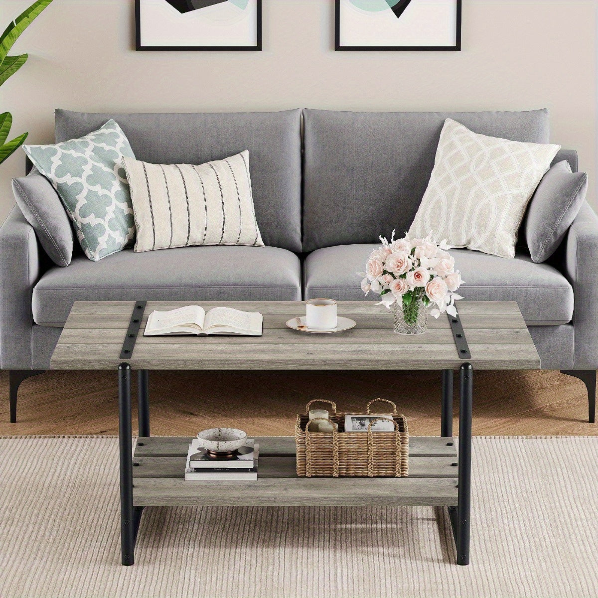 101cm Large 2-Tier Gray Wood Coffee Table with Storage Shelf - Farmhouse Modern Rustic Metal Rectangle Center Living Room Coffee Table Accent Furniture for Home Office