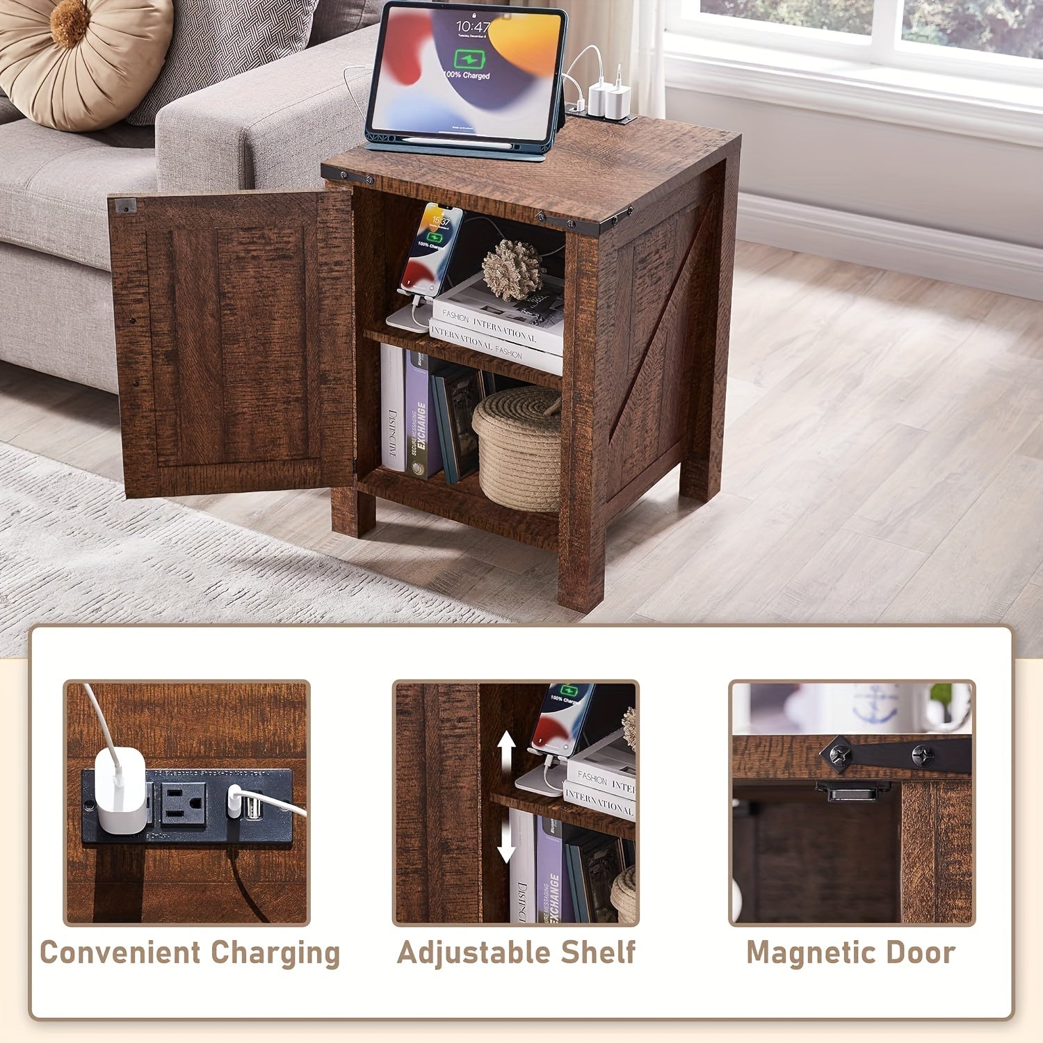 Nightstand w/Charging Station, 46cm Farmhouse End Table w/Barn Door and Adjustable Storage Shelf, Rustic Wood Sofa Side Table w/Magnetic Door for Living Room, Bedroom