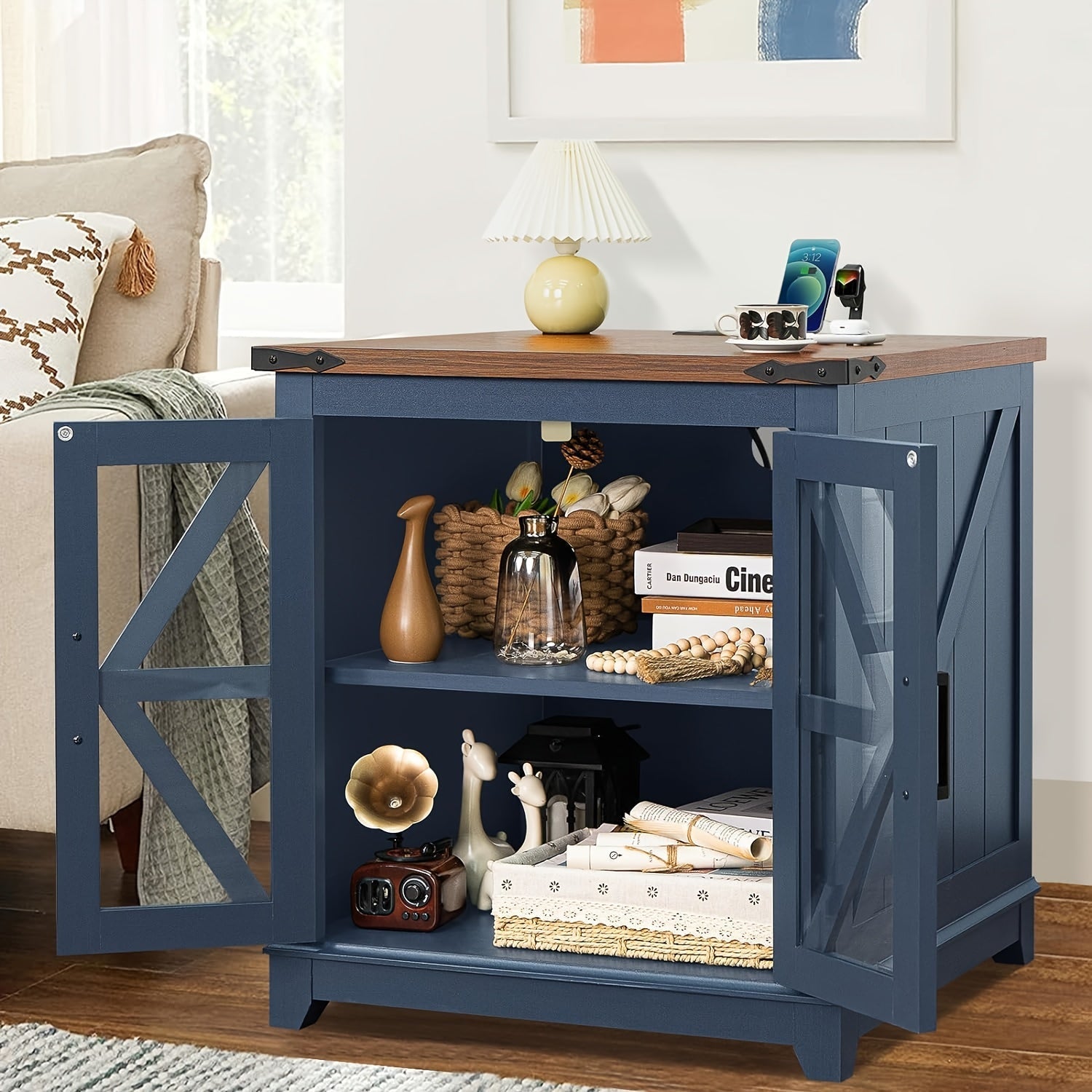 Farmhouse End Table, 60cm Large Sofa Side Table With Charging Station Glass Barn Door, Wood Nightstand With Adjustable Storage Shelf, Square Bedside Table For Living Room, Bedroom, Office-Blue