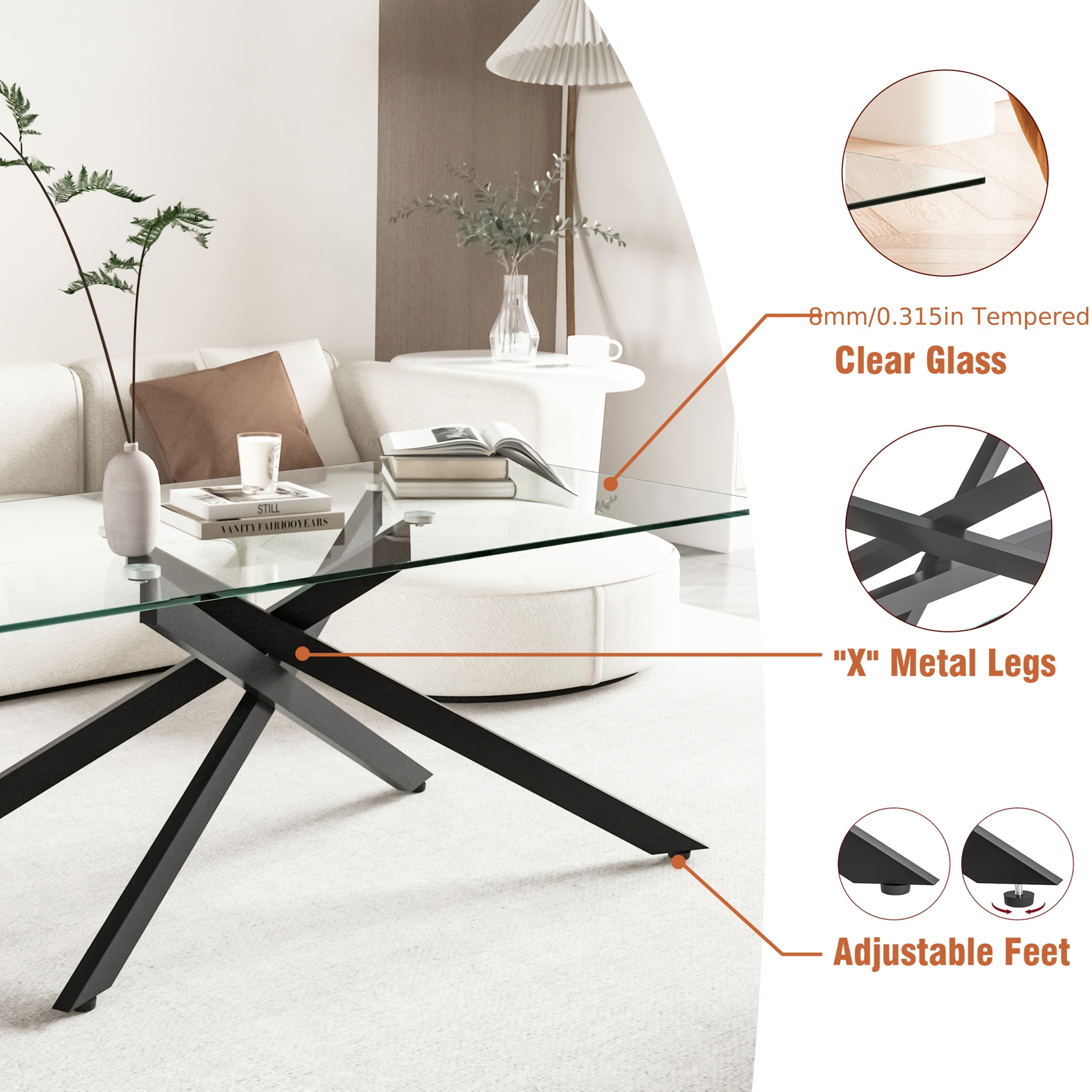 122cm Rectangular Clear Tempered Glass Coffee Table,Rectangular Tempered Glass Coffee Table,Tempered Glass Coffee Table With Metal Legs,Coffee Table For Living Room