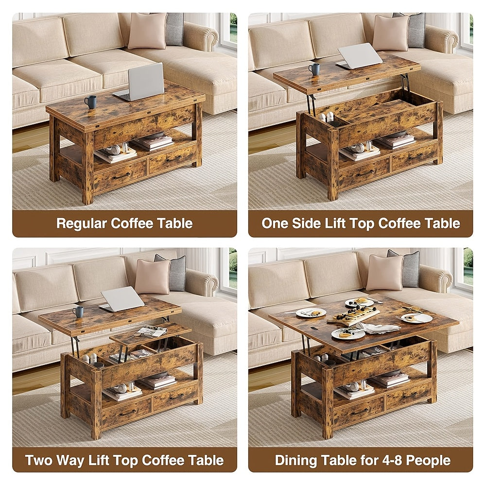 Rustic Brown 109cm Convertible Coffee Table - Multi-Function with Lift Top, Hidden Storage & Dual Baskets for Living Room or Home Office