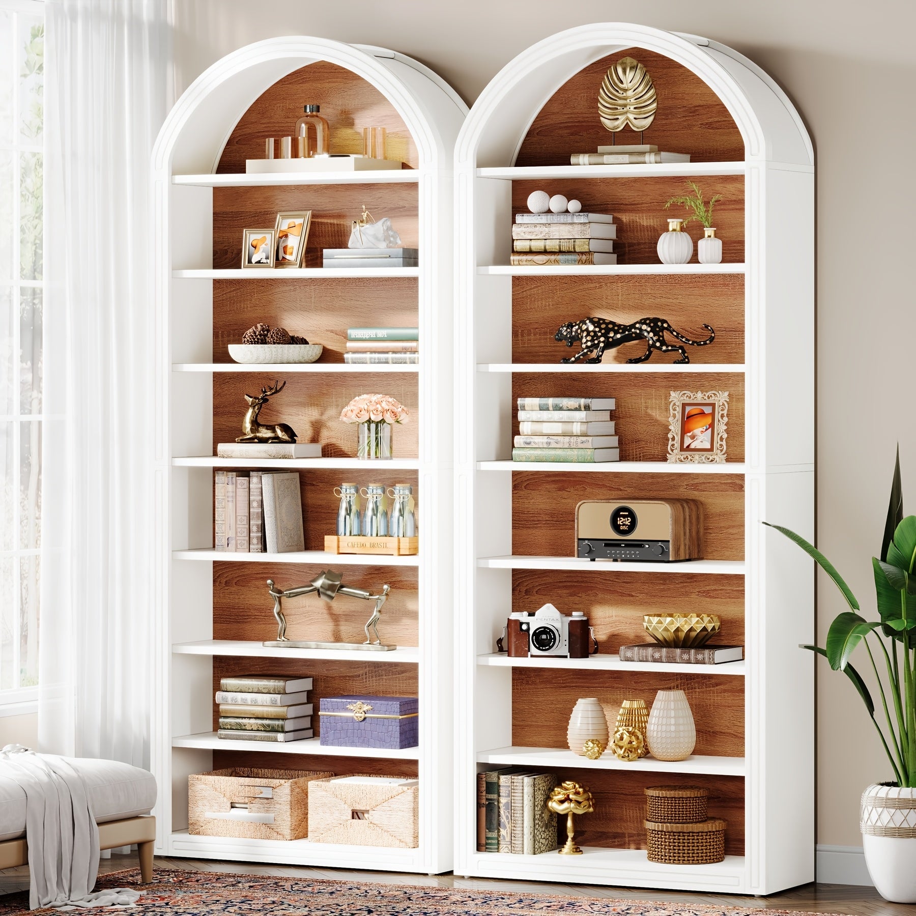 8-Tier Arched Bookshelf, Modern White Arched Bookcase With Storage Shelves, 78.7" Tall Floor Standing Wood Open Display Shelving Unit For Living Room, Bedroom, Home Office (1pc, White & Brown)