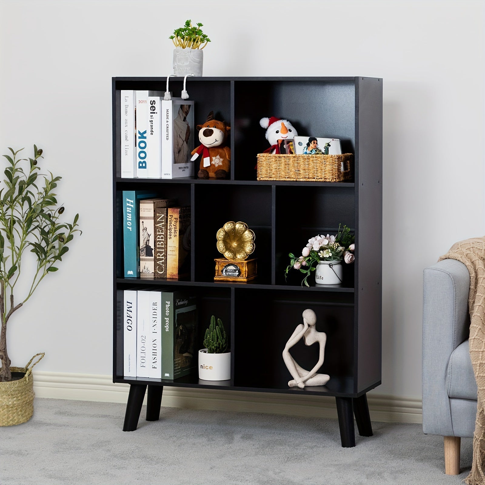 Black Bookshelf, 3 Tier Modern Bookcase with Legs, Bookshelves Wood Storage Shelf, Open Book Shelves Cube Organizer, Freestanding Short Bookcases