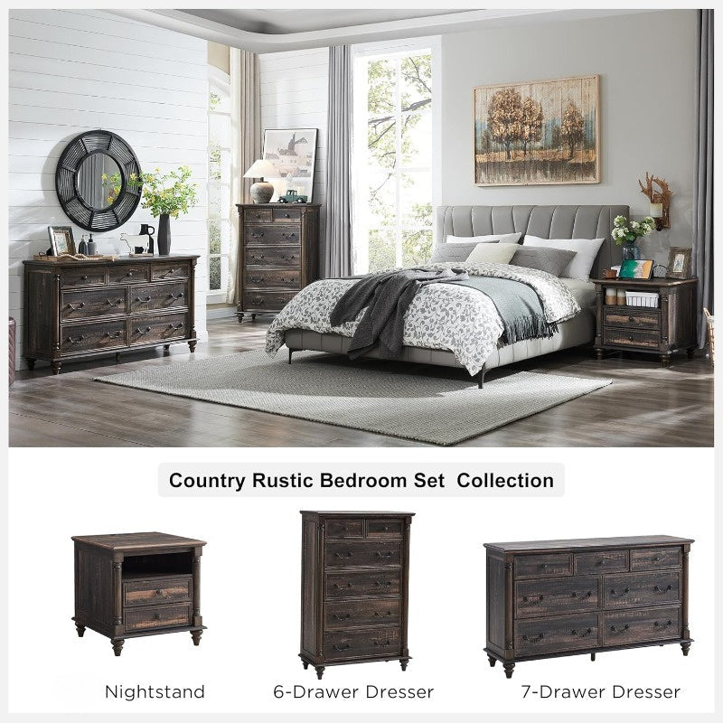 Farmhouse 7-Drawer Dresser Chests for Bedroom with 4 Solid Wood Feet & Column Decoration, Tall and Wide Wood Country Rustic Chest of Drawers, Storage Dressers for Bedroom and Living Room.