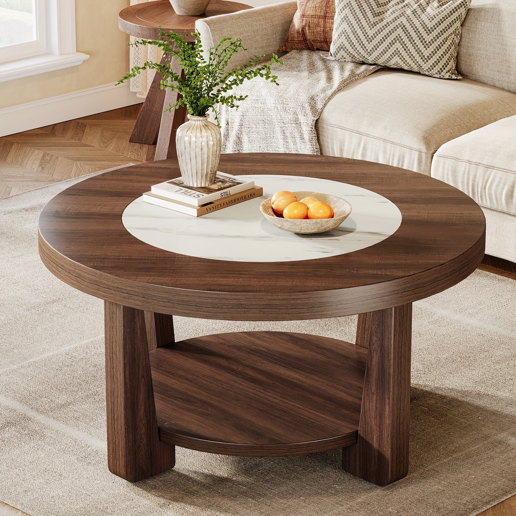 Vintage-Style 2-Tier Round Wood Coffee Table With Storage, Brown And White Accent Centerpiece For Living Room