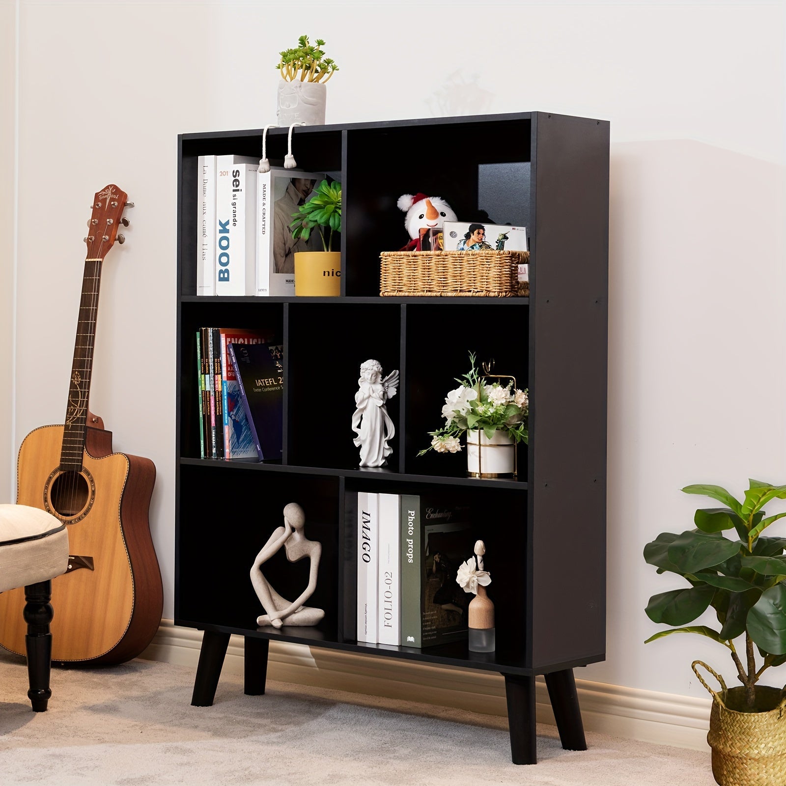 Black Bookshelf, 3 Tier Modern Bookcase with Legs, Bookshelves Wood Storage Shelf, Open Book Shelves Cube Organizer, Freestanding Short Bookcases