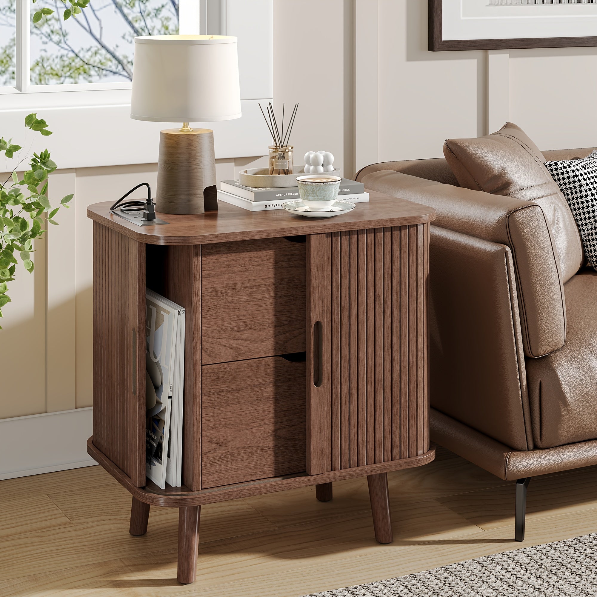 Mid-Century Modern Wood Nightstand with Sliding Doors, Non-Waterproof Solid Wood Bedside Table, with Drawers and Shelves, for Bedroom and Living Room