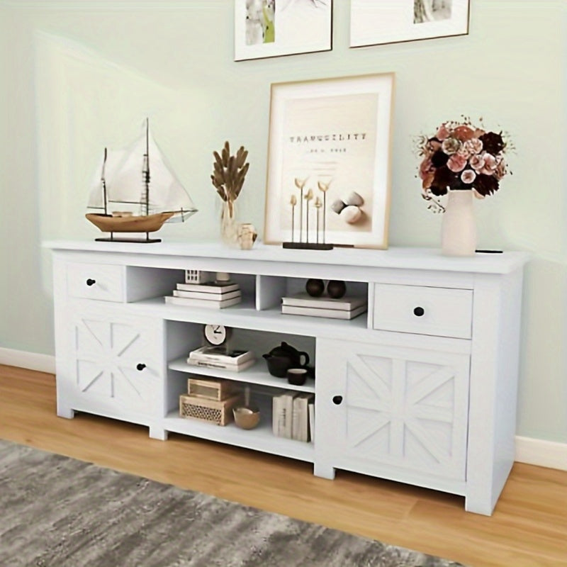 Modern Farmhouse TV Console with Storage Cabinets and Drawers for 80- Inch TVs