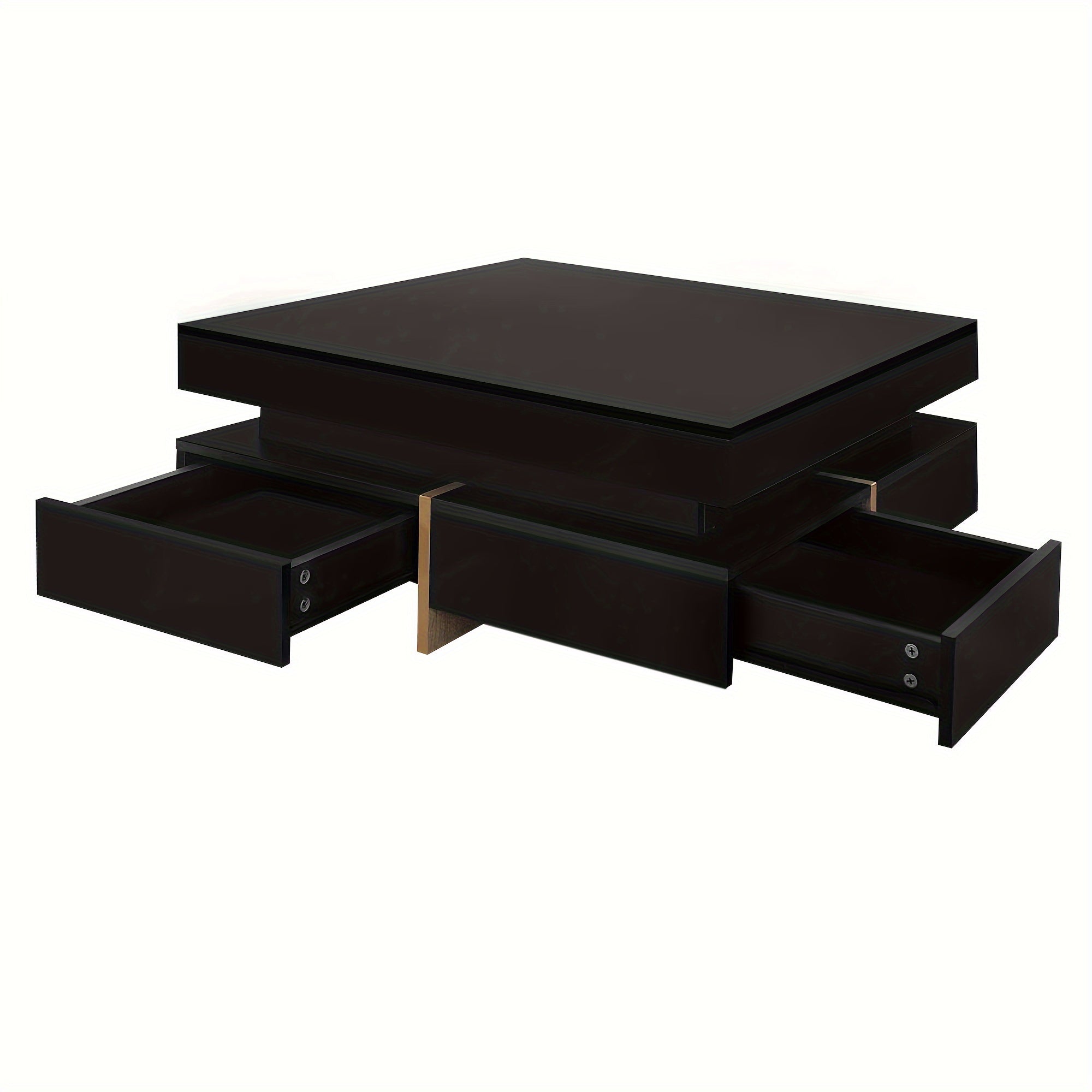 Modern High Gloss Coffee Table with 4 Drawers, Multi-Storage Square Cocktail Tea Table with Wood Grain Legs, Center Table for Living Room