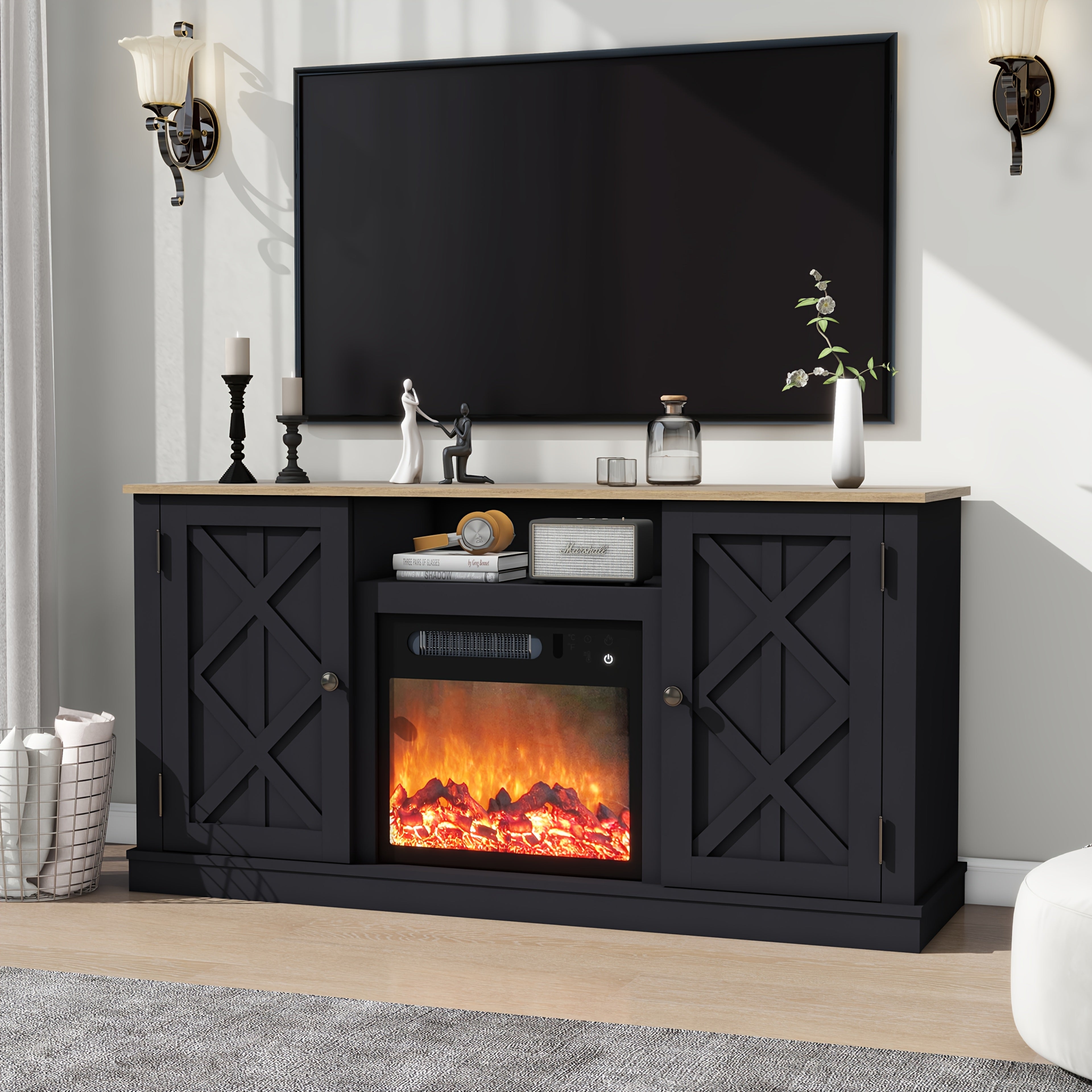 1pc Black Farmhouse 137cm Entertainment Center with Electric Fireplace, TV Stand Console with Mantel, MDF Wood Construction, Barn Door Design, 110V US Plug, Easy Assembly, Storage <3.2 Cubic Feet