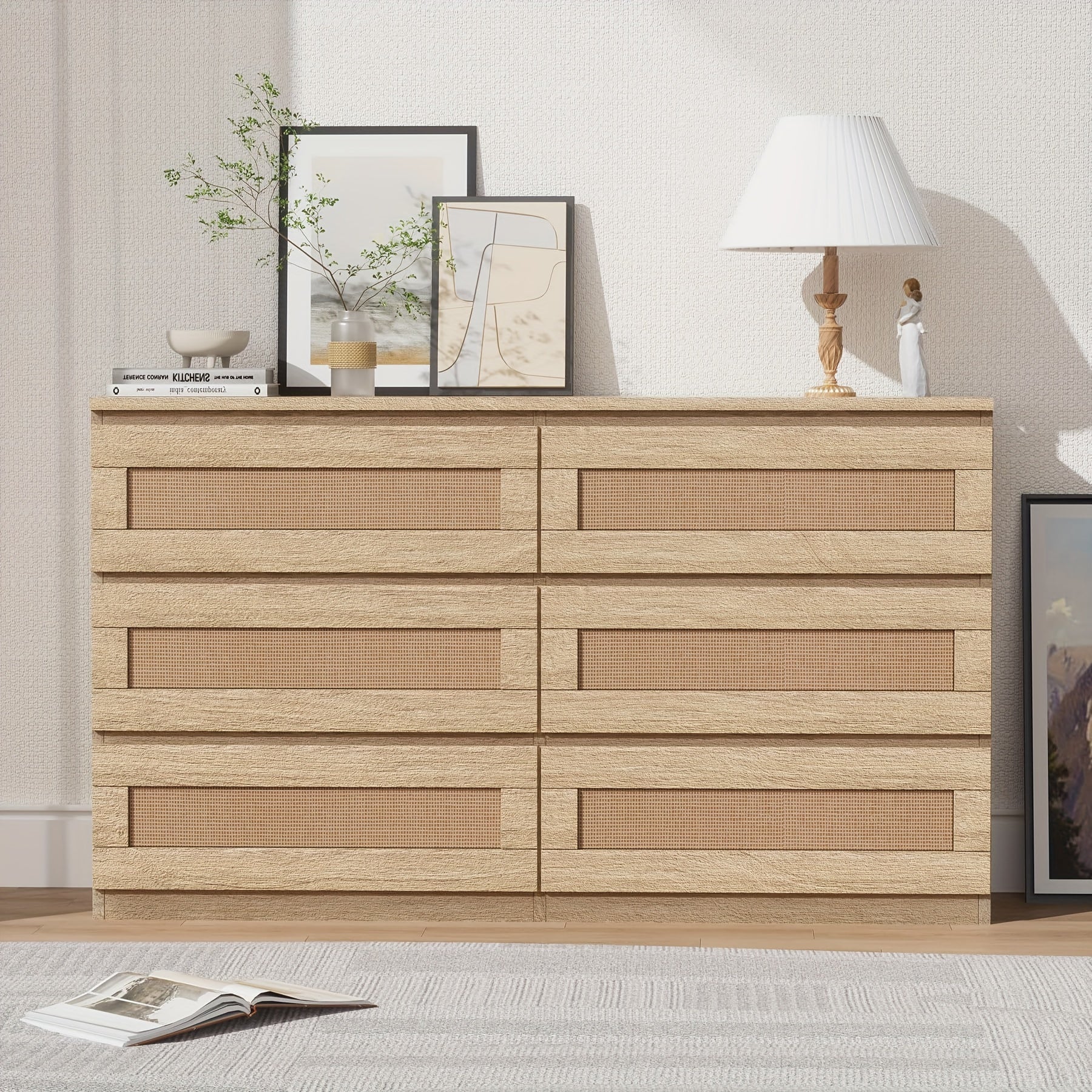 Rattan Dresser For Bedroom, 6 Drawer Dresser For Bedroom, Modern Wide Chest Of Drawers With Anti-Tip Kit & Smooth Slide Rail, Wood Storage Dresser For Bedroom, Hallway, Living Room, Natural