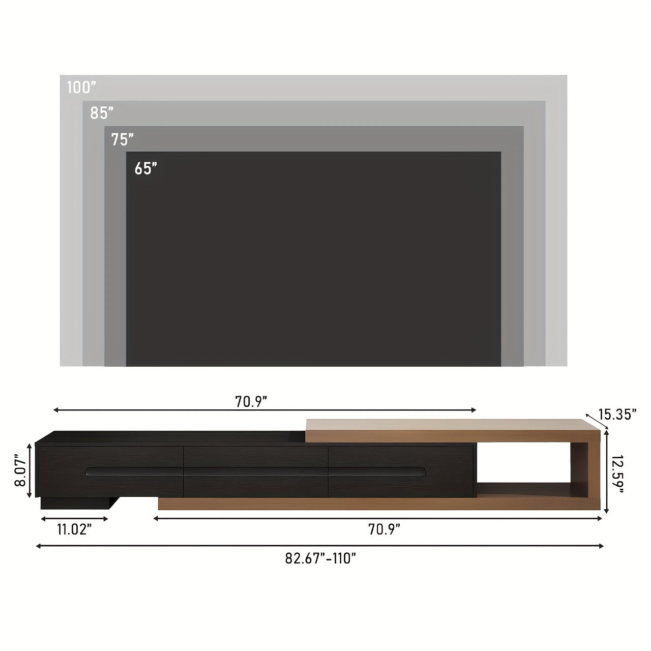 Wood Extendable TV Stand, Modern Entertainment Center For Up To 120 Inch TV, Reversible TV Media Console With 3 Drawers For Living Room Bedroom