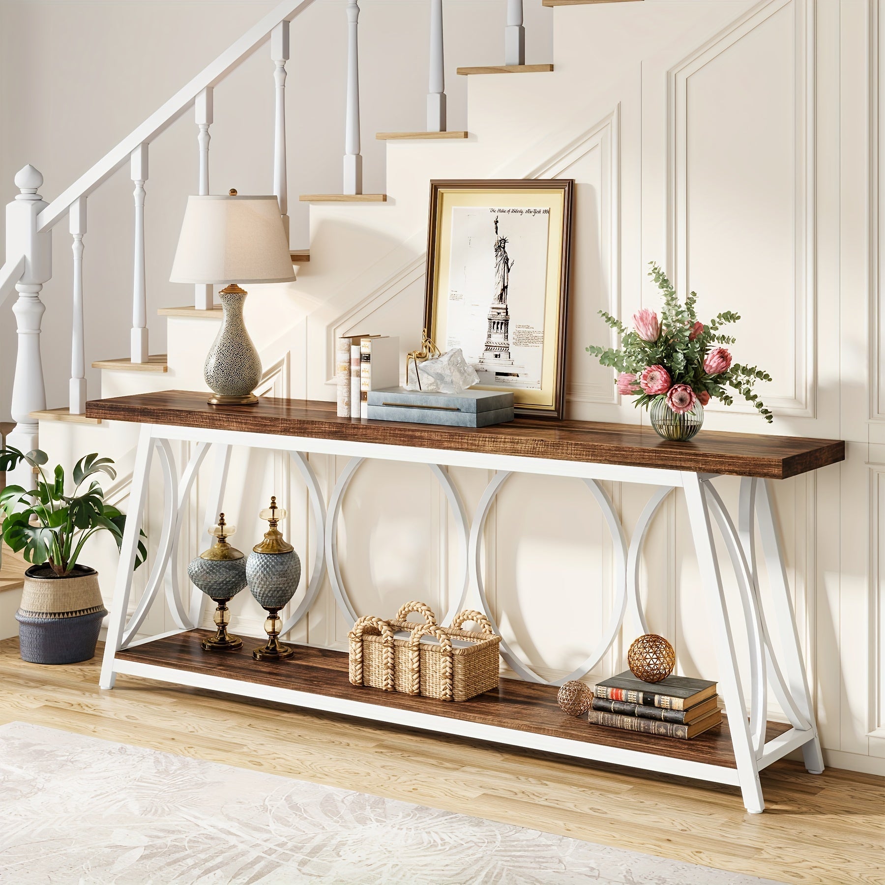 180 cm Extra Long Console Table, Industrial Sofa Table Behind Couch with 2 Tier Storage Shelf, Narrow Entryway Hallway Accent Table for Living Room