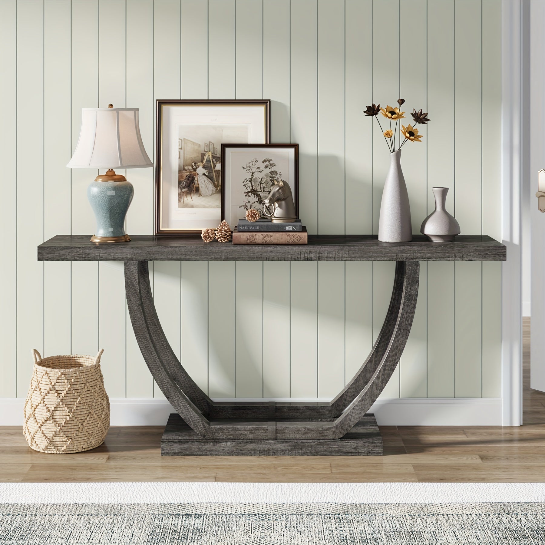 160 cm Farmhouse Console Table for Entryway, Wood Entry Foyer Table for Entrance, Narrow Long Sofa Table Behind Couch with Metal Legs for Living Room