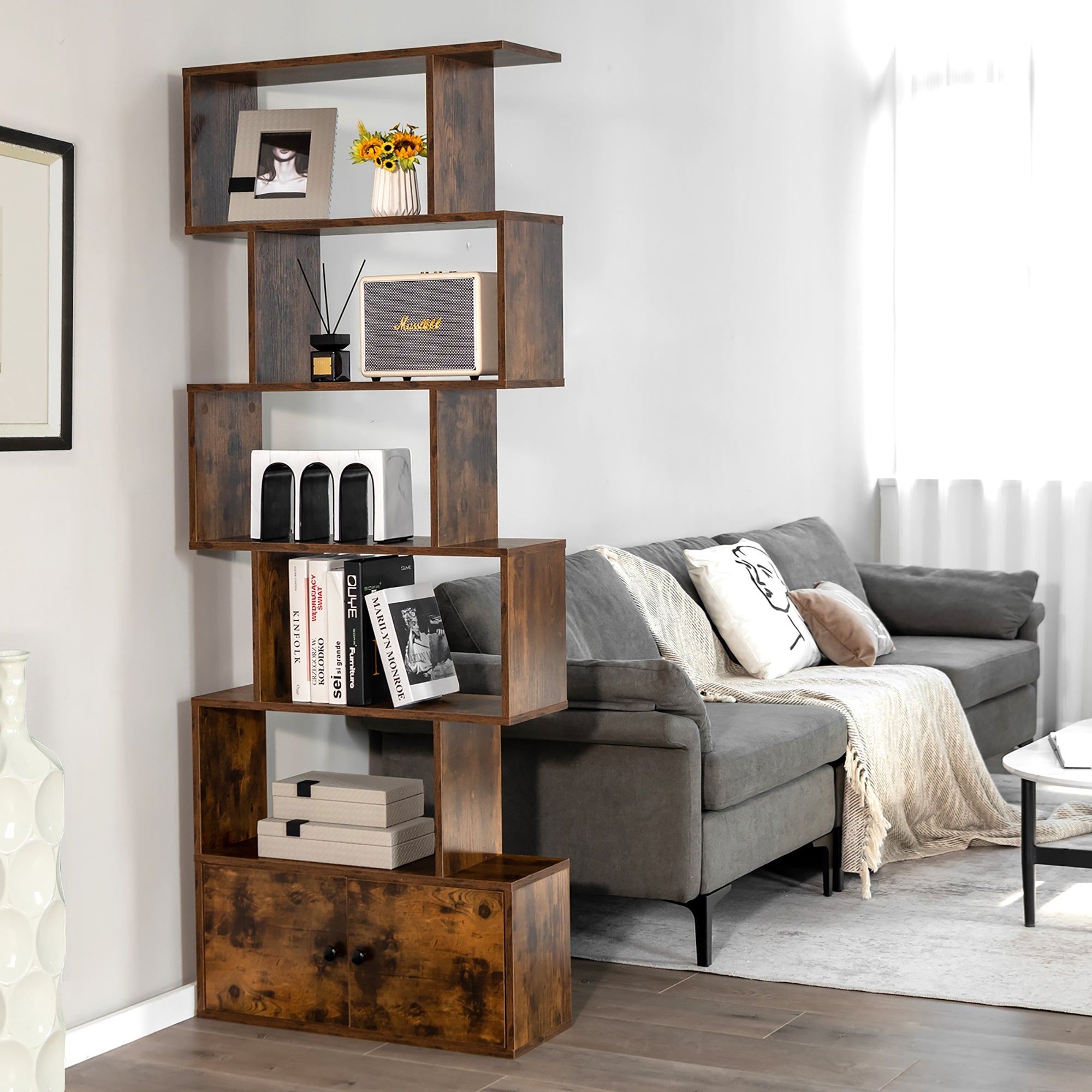 Bookshelf with Cabinet 6-Tier S-Shaped Bookcase Storage Rack Rustic Brown