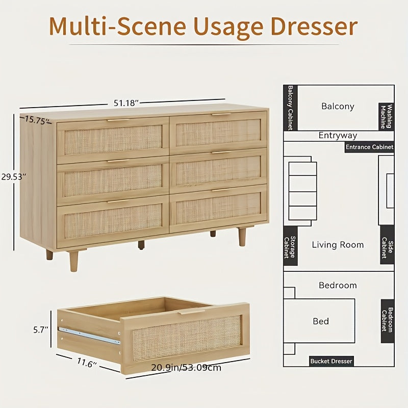 Rattan Dresser For Bedroom, 6 Drawer Wide Dresser, Boho&Farmhouse Chest Of Drawers, Clothes Storage Cabinet, Metal Handle&Wood Legs For Hallway, Living Room, Bedroom