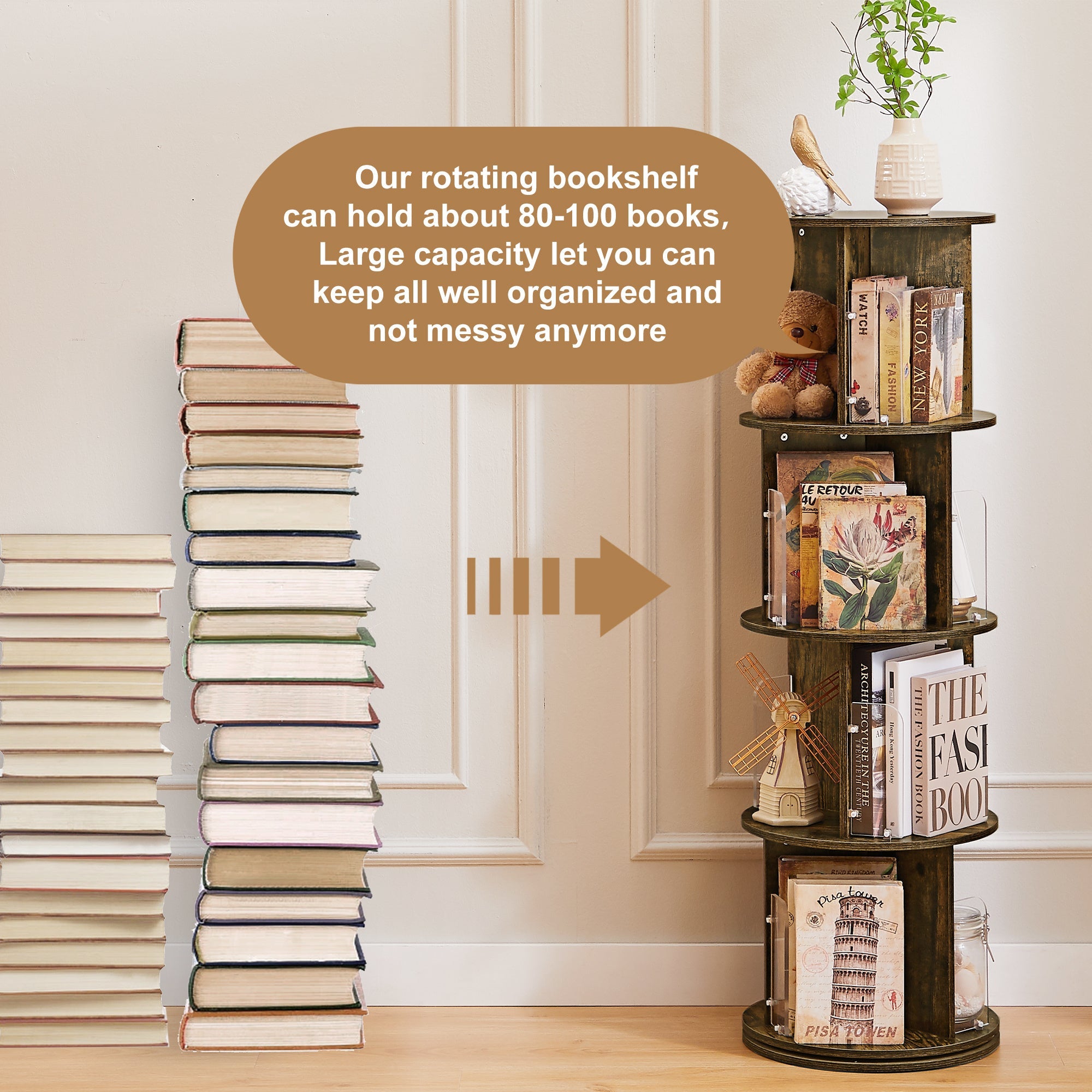 4-Tier Rotating Bookshelf 360 Floor Standing Round Bookshelf for Bedroom, Living Room