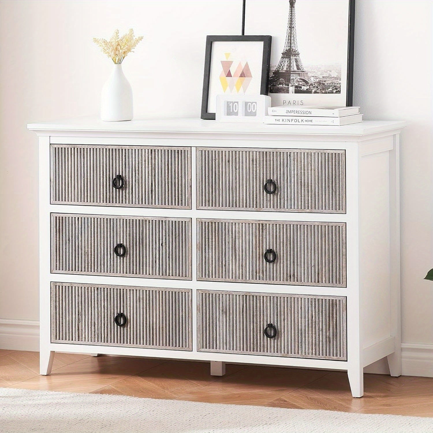 6-Drawer Fluted Dresser Cabinet for Bedroom, Modern Storage Chest with Fluted Panels, Wide Organizer Dresser for Bedroom, Hallway, Closet, and Living Room