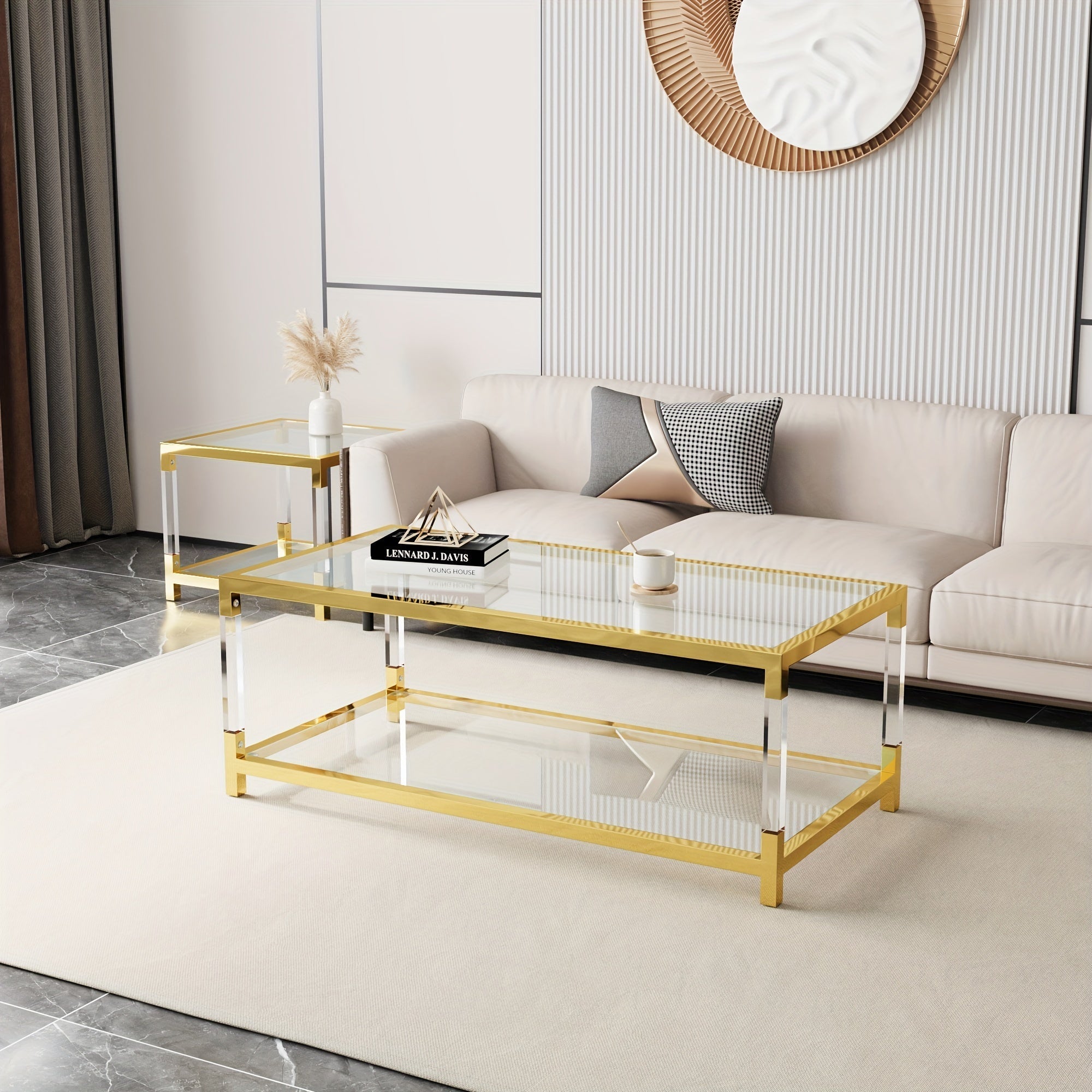 Modern Minimalist Style Coffee Table With High-quality Glass Tabletops, Gold Metal Frame And Transparent Acrylic Legs, Suitable For Living Room, Study, Office, Meeting Various Scene Needs.