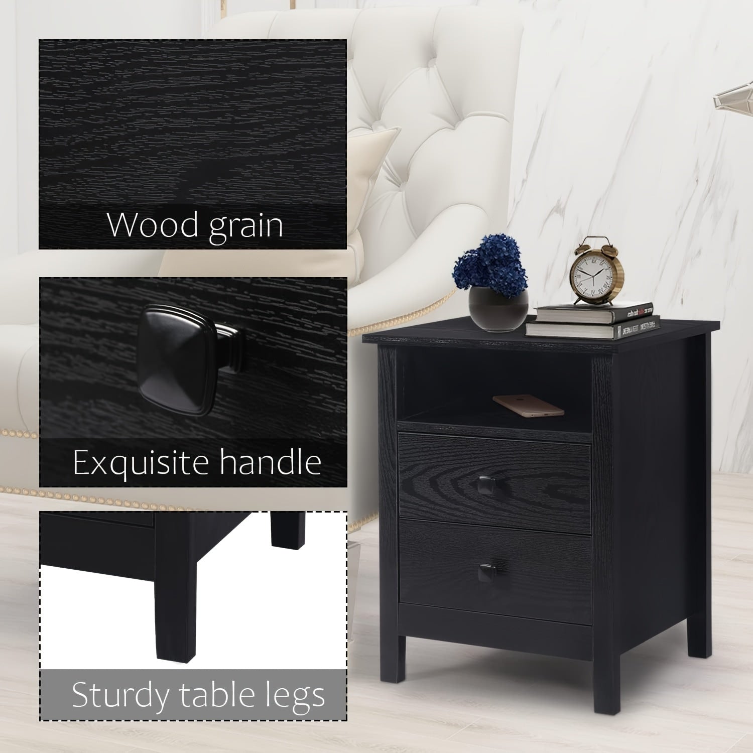 2-Drawer Nightstands, Set Of 2, Farmhouse Style Bedroom Furniture With Wooden Night Stand, Bedside Table, Drawers, Black Wood Grain