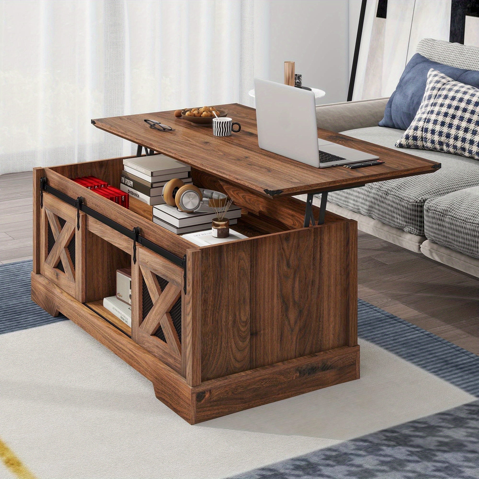 Rustic Farmhouse Coffee Table with Storage and Sliding Door - Space-Saving Wooden Cocktail Table for Living Room, 21.7"D x 47.24"W