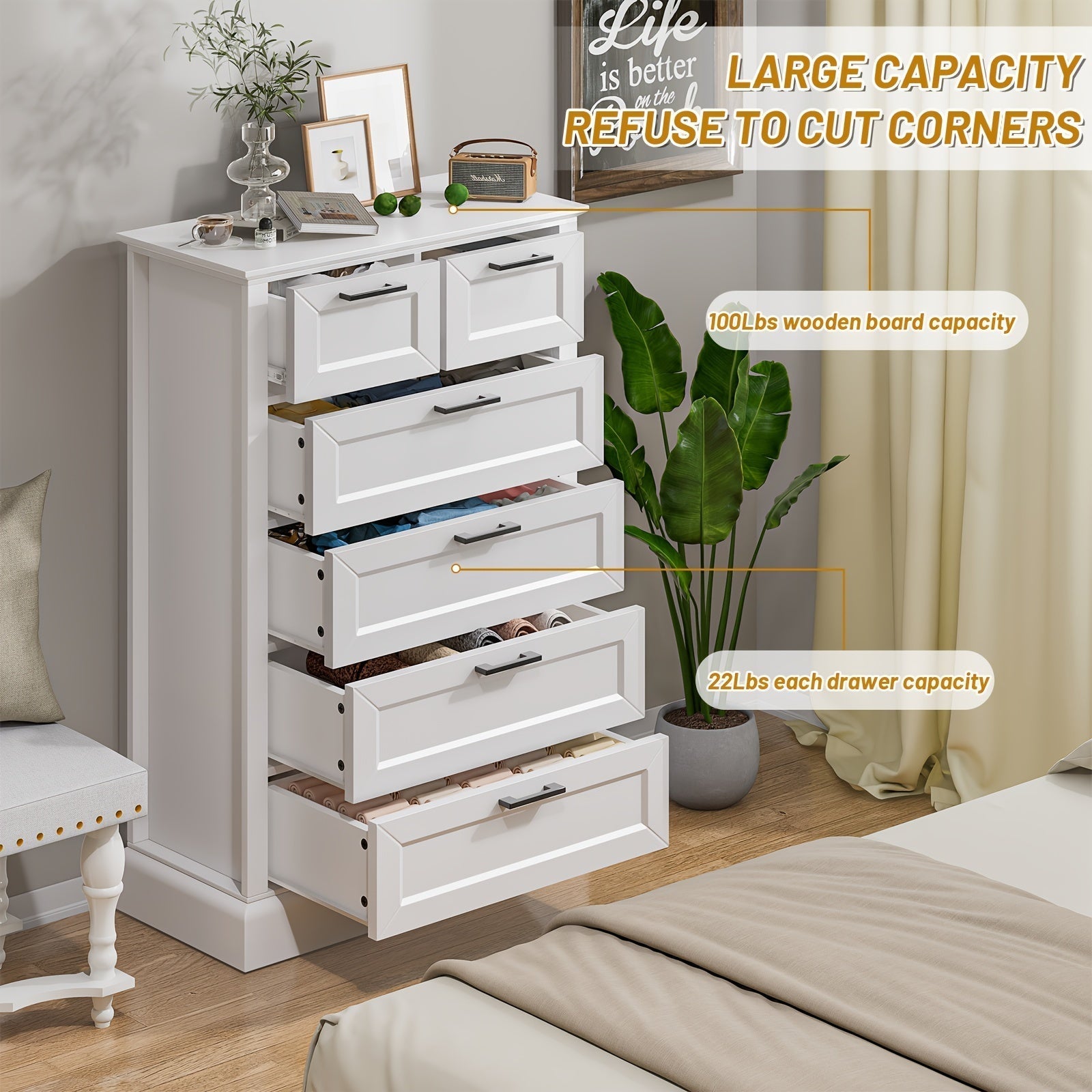 White 6 Drawer Dresser, 120cm Tall Modern Vertical Chest Of Drawers With Painted Wood, Storage Dressers For Bedroom, Living Room, Hallway, Entryway, White