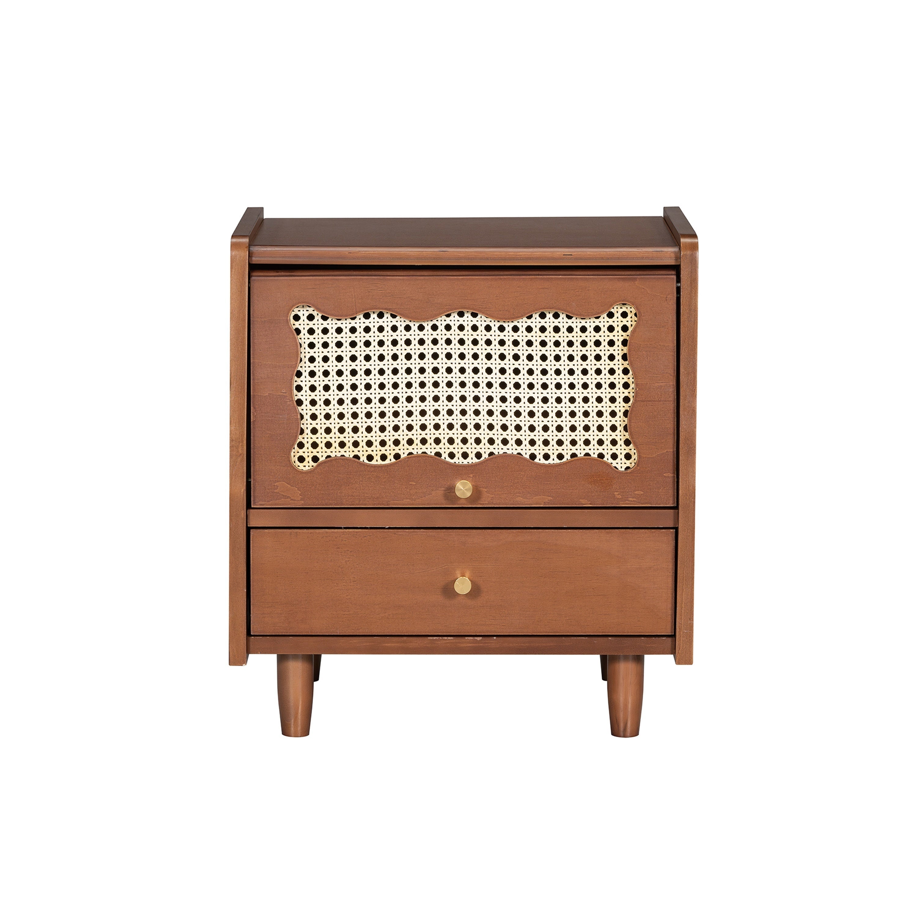 Elegant Wooden Nightstand with Rattan-Woven Storage Cabinet & Drawer - Natural Hardwood Finish, Scalloped Top with Decorative Cut-Out Patterns, Ideal for Bedroom Elegance, Bedroom Decor