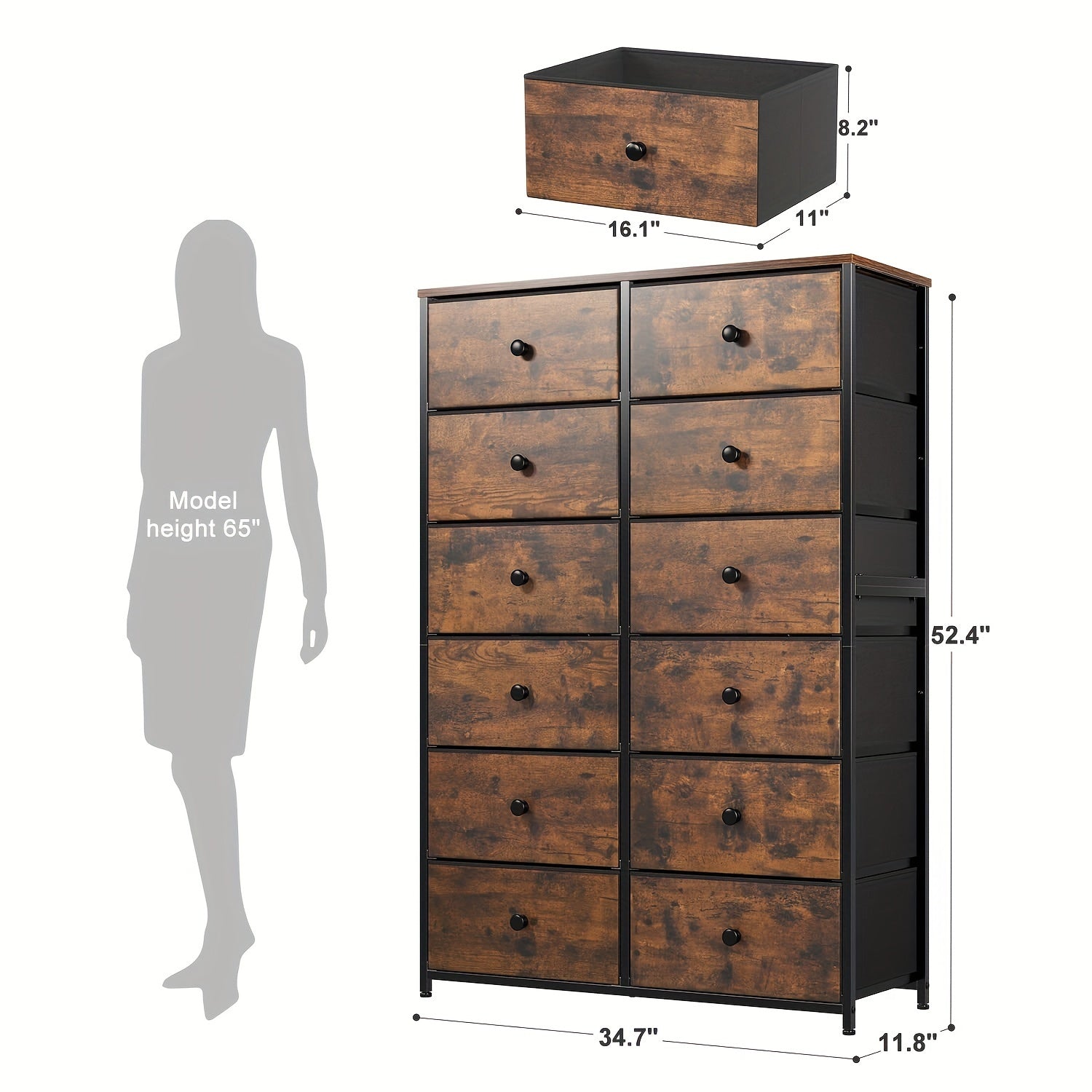 Tall Dresser, Dresser for Bedroom with 12 Drawers Tall Bedroom Dresser for Bedroom, Large Fabric Dresser with Wood Top, Metal Frame for Closets, Living Room, Entryway, Rustic Brown For Lab