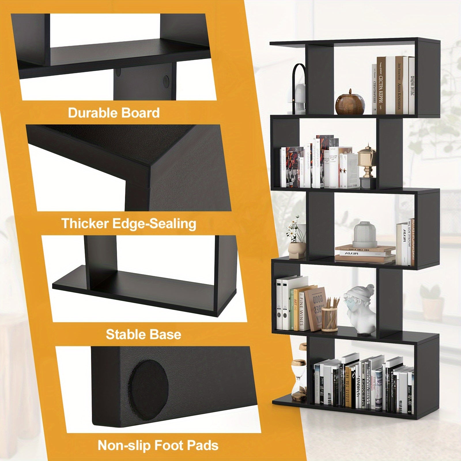 5-Tier Bookshelf Geometric S-Shaped Bookcase Room Divider Storage Display Shelf