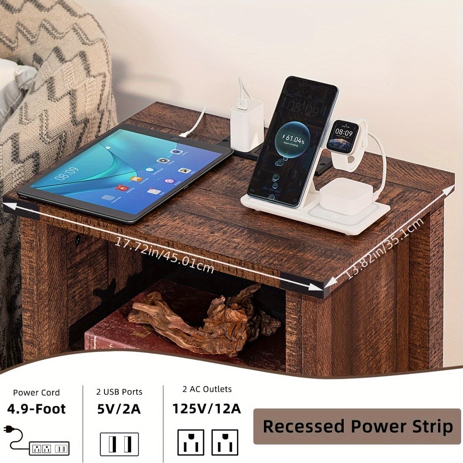 Night Stand With Charging Station And USB Ports, Farmhouse Nightstand With Storage Shelf, Rustic Couch End Table With Magnetic Door, Wood Bed Side Tables For Bedroom, Home