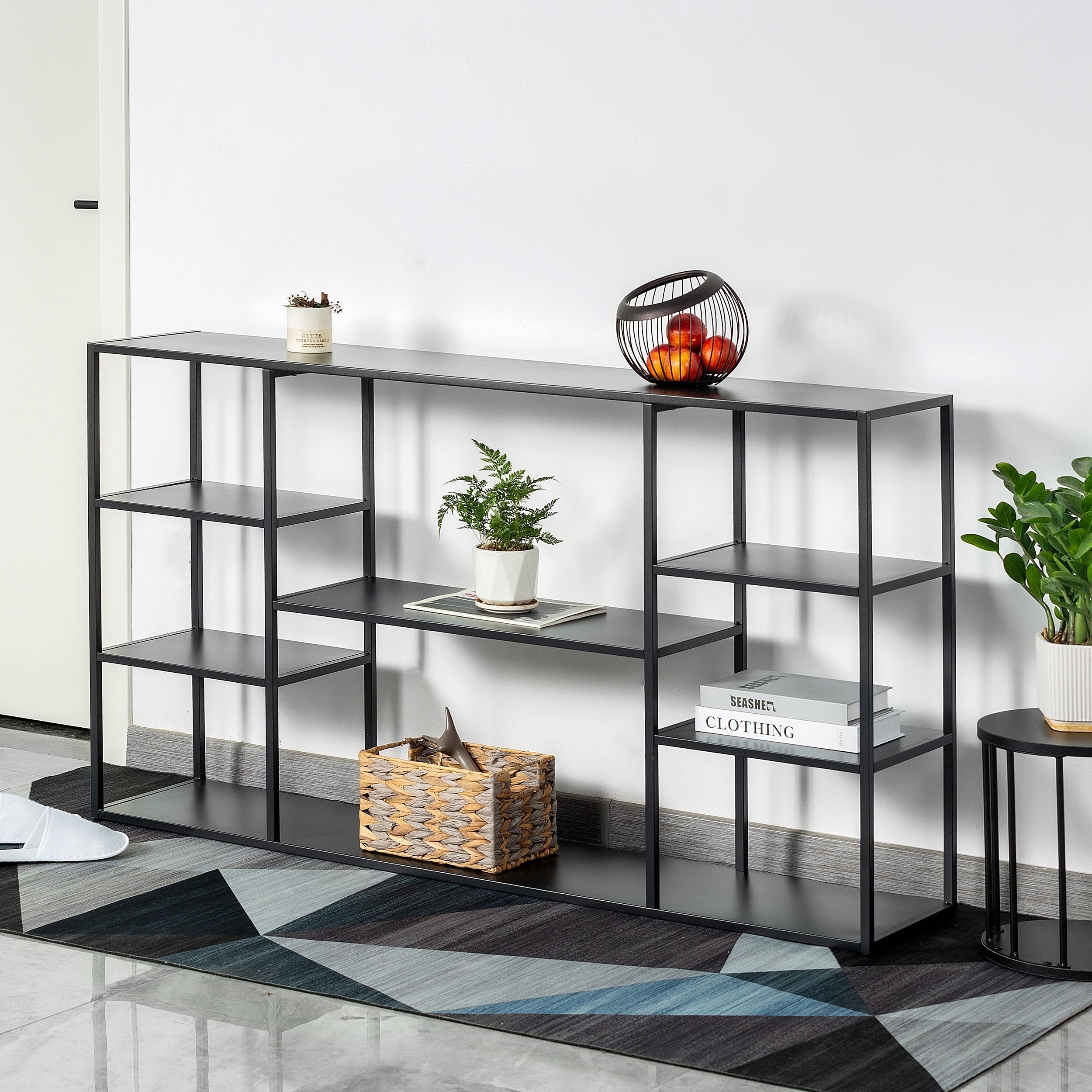 140 cm Metal Console Table with 8 Storage Shelves, Extra Long Entryway Table, Narrow Sofa Table, Hallway Table for Entrances to Corridor, Foyer, Living Room (140×30×80 cm)