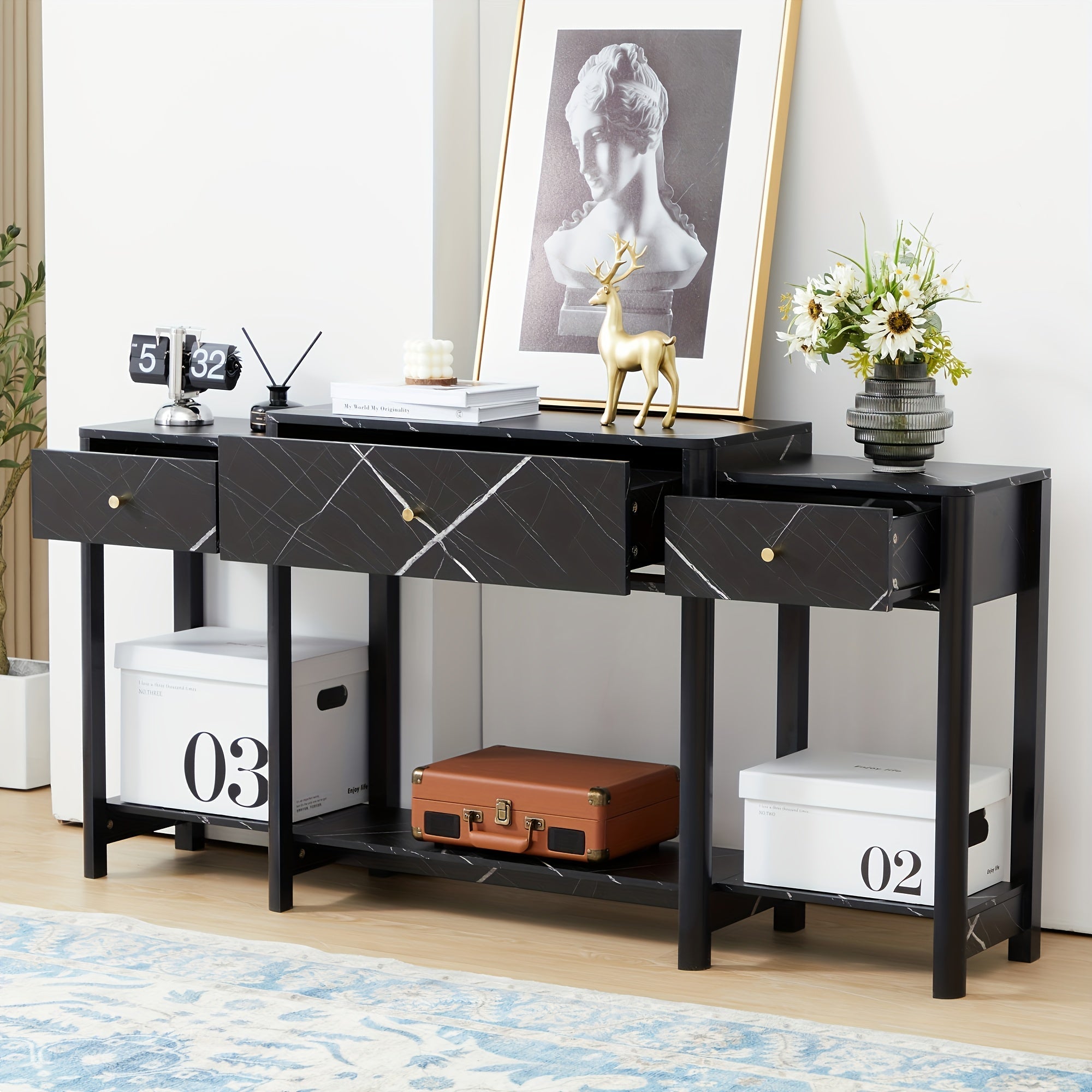 160 cm Console Table with Drawer, Narrow Sofa Tables with Open Storage Shelves, Long Behind Couch Table Hallway Foyer Table for Living Room, Entryway, Easy-to-assemble