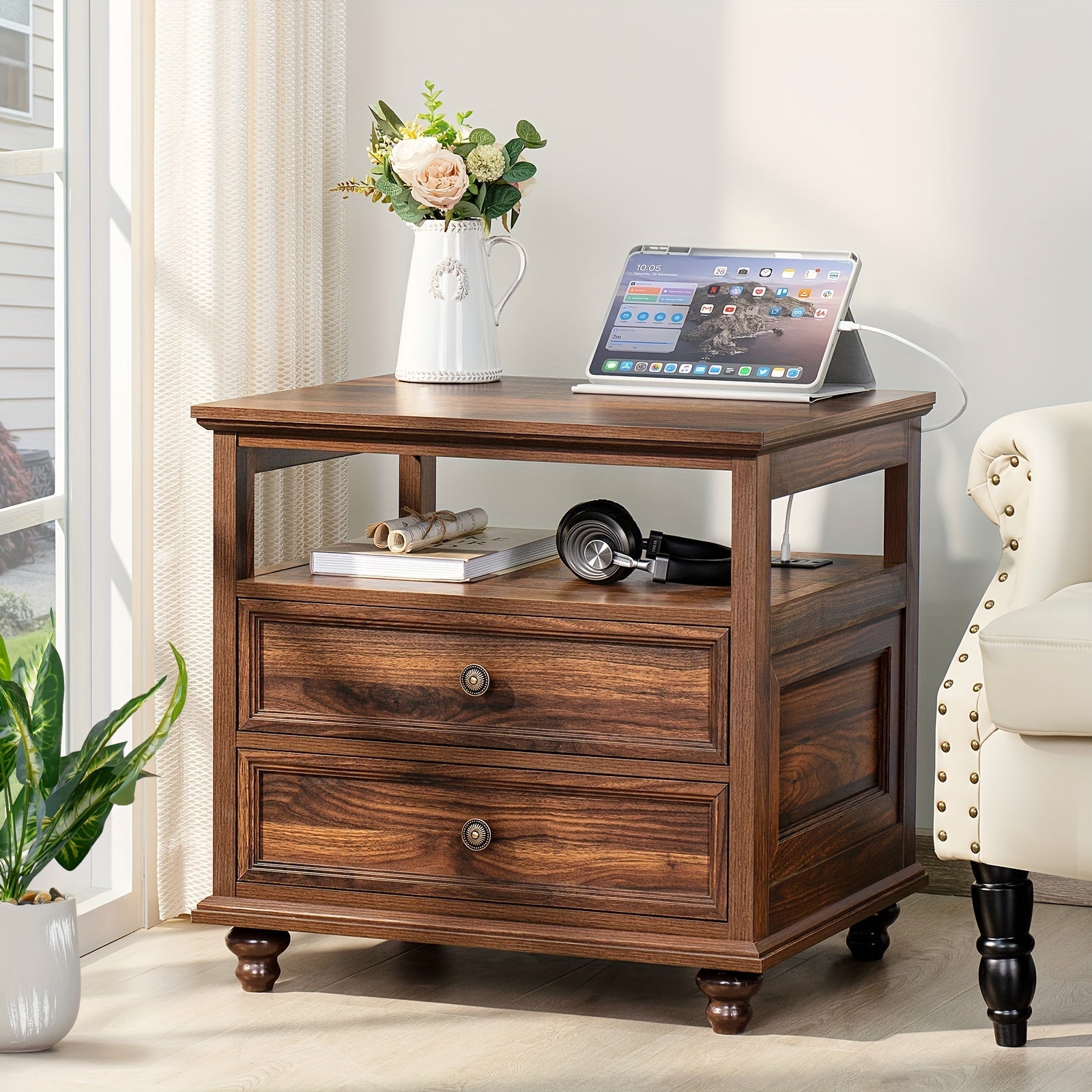 Farmhouse-Style Nightstand with Charging Station - 23.6" Wide, Dual Drawer, Brown Hardwood End Table - Ideal for Bedroom & Living Room, Features Modern Design with Smartphone Holder & Decorative Top