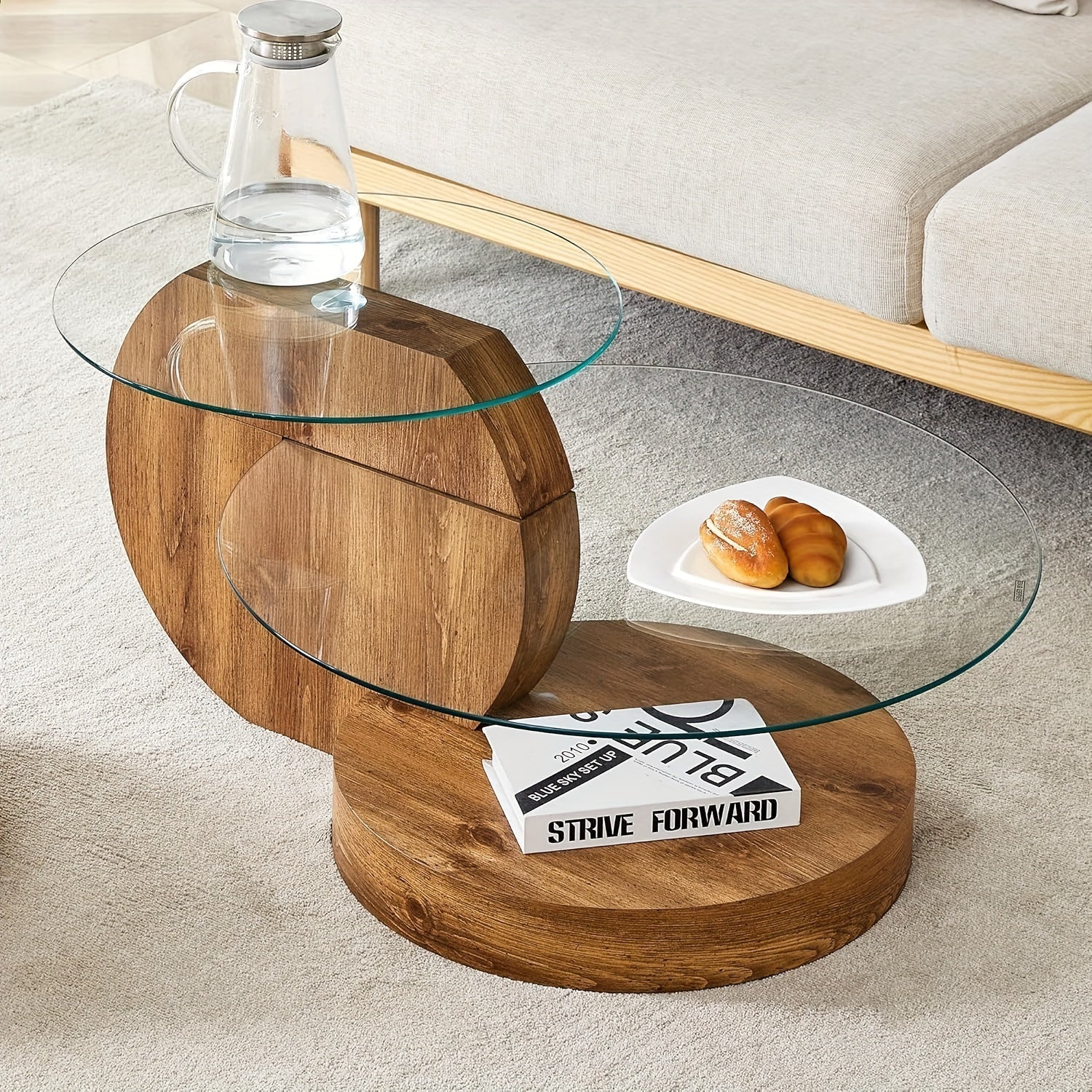 Glass Coffee Table, Modern Round Tempered Glass Coffee Tables For Living Room, 3-Tier Circle Wood Coffee Table With Storage Clear Cocktail Table For Small Space Home Office