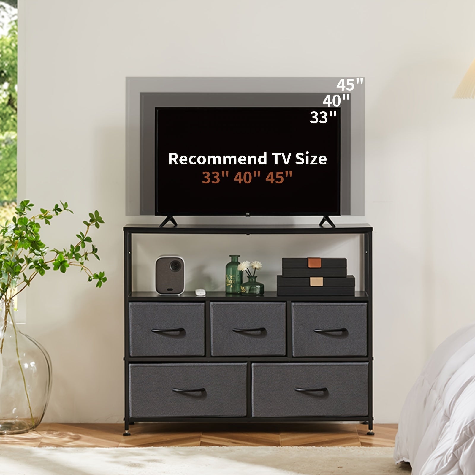 TV Stand Entertainment Center With 5 Fabric Drawer For Bedroom 76cm Tall Dresser With Open Display Media Console Closet Metal Shelf Storage For Living Room Space Saving