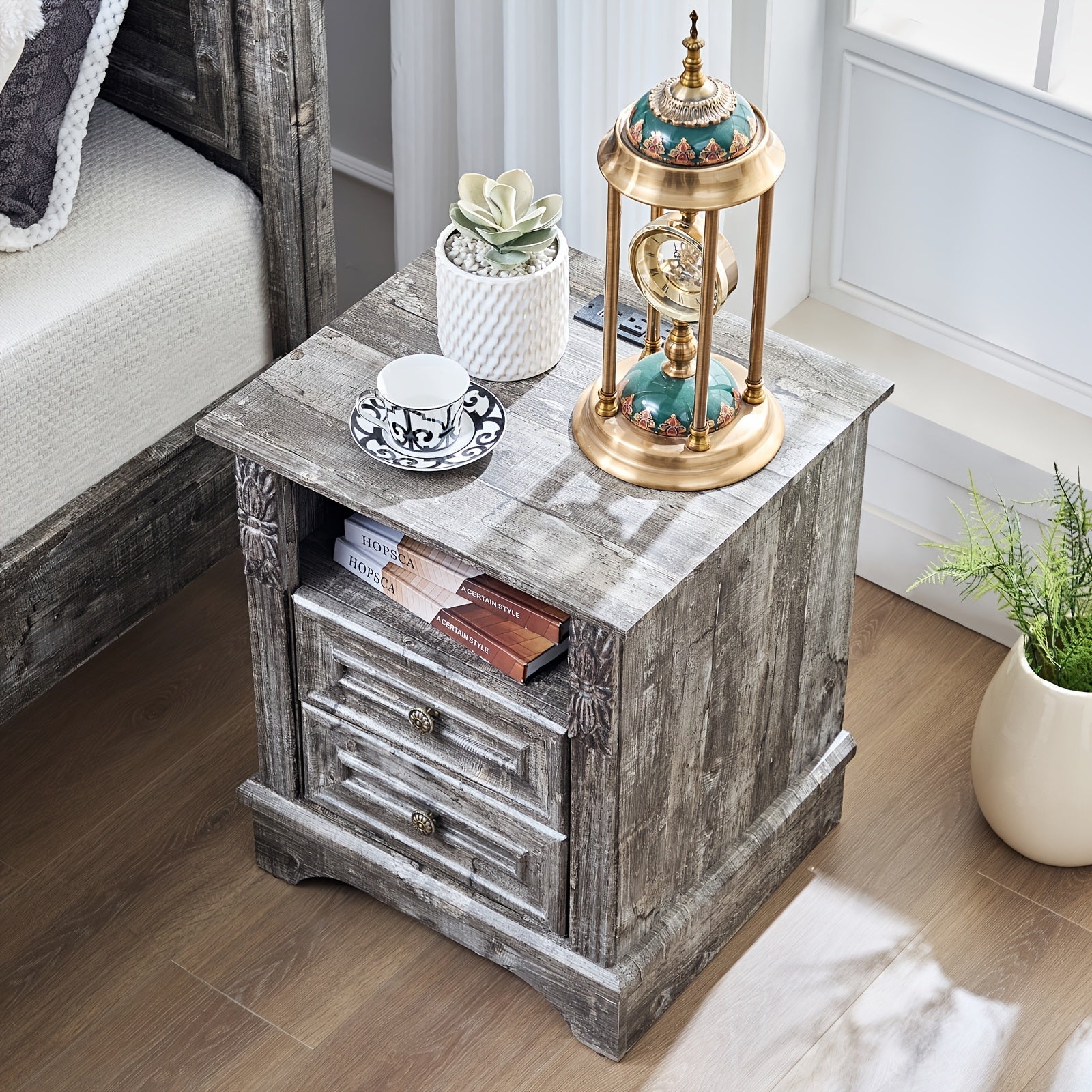 Vintage 7 Drawers Dresser For Bedroom, Wood Rustic Tall Chest Of Drawers With Carved Wood Pilasters, 20" Nightstand With 2 Drawers, Dresser And End Table Set For Bedroom, Living Room, Wood Rustic, Light Gray