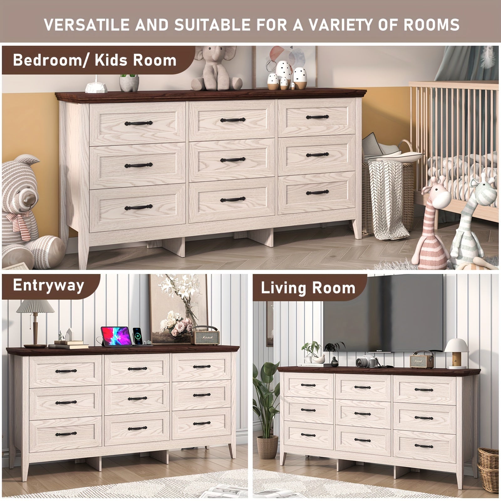 Farmhouse 9 Drawers Dresser, 160cm Wood Dresser for Bedroom Wide Chest of Drawers, French Country Storage Double Dressers Organizer for Bedroom, Living Room Storage Drawer Units