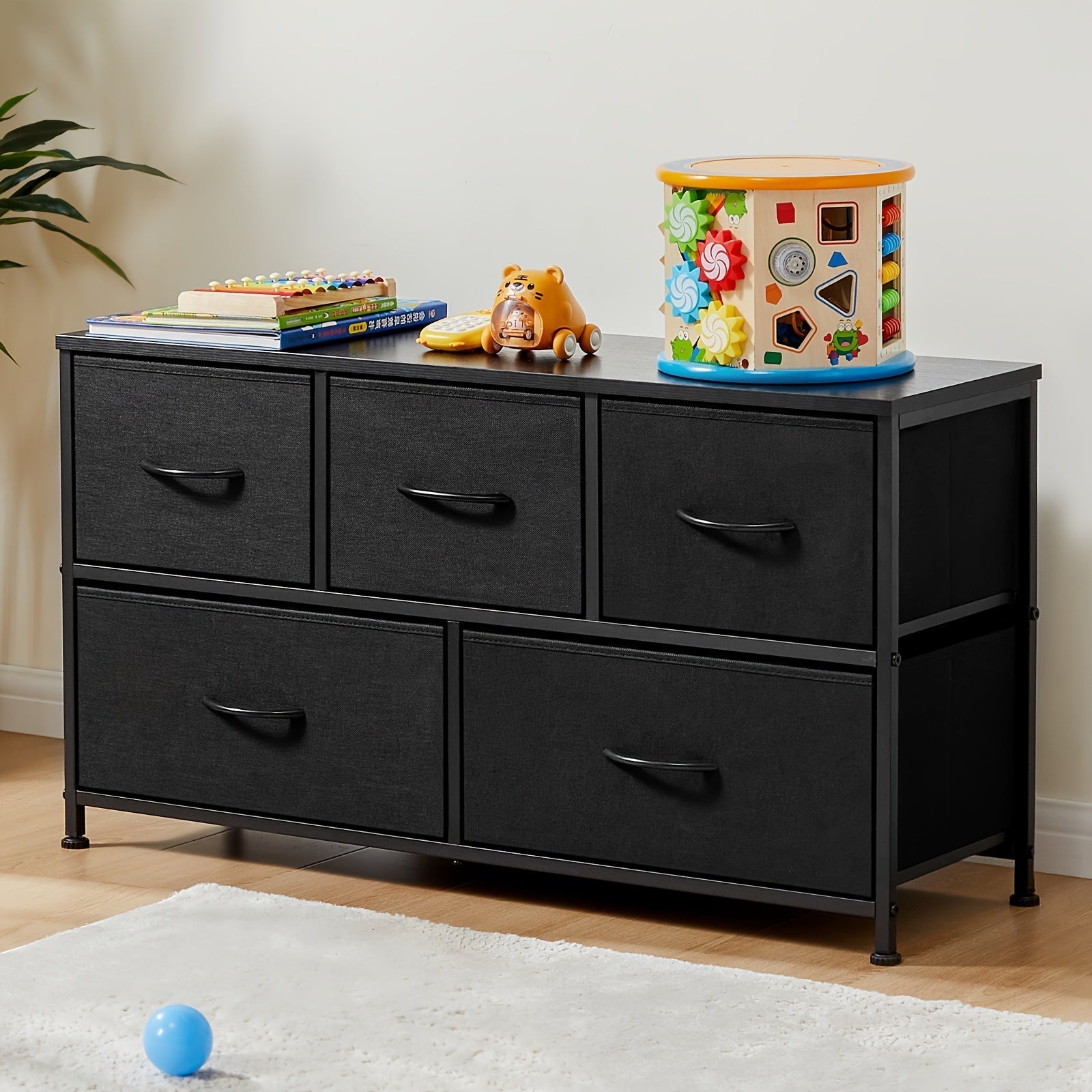 Dresser for Bedroom with 5 Fabric Drawers, Small Chest Organizer Units for Clothing, Closet, Storage Tower with Cabinet, Metal Frame, Wooden Top, Lightweight Furniture For Lab