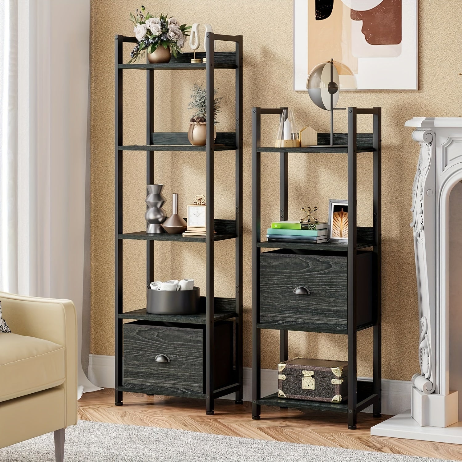 5 Tier Bookshelf With Drawer(3 Colors), Tall Narrow Bookcase With Shelves, Book Shelf Storage Organizer, Industrial Display Standing Shelf Unit For Bedroom, Living Room