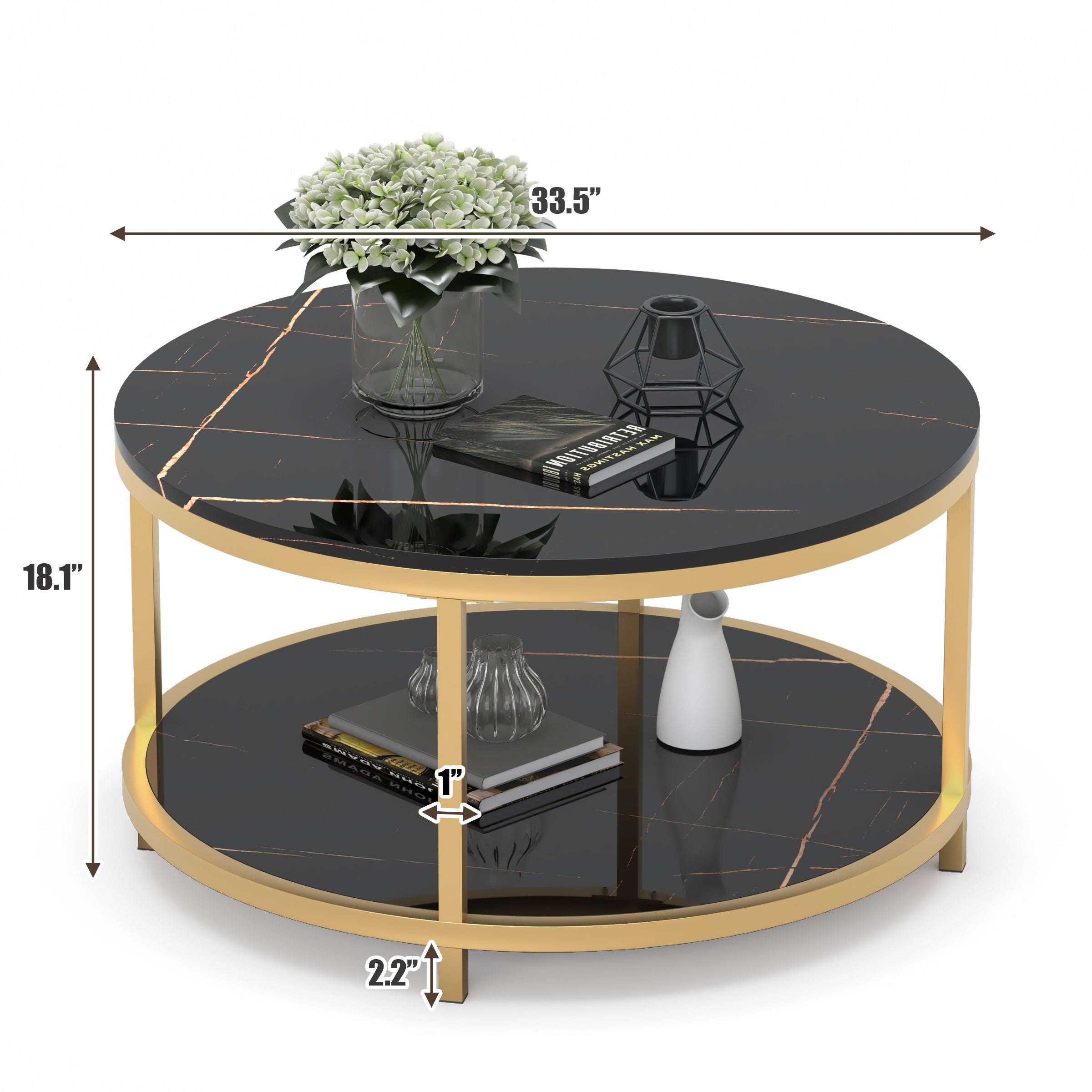 Round Coffee Table 86cm Coffee Tables for Living Room High Glossy Faux Balck Marble Top Modern Circle Table Sturdy Golden Metal Frame Legs Cocktail Table with Storage Open Shelf