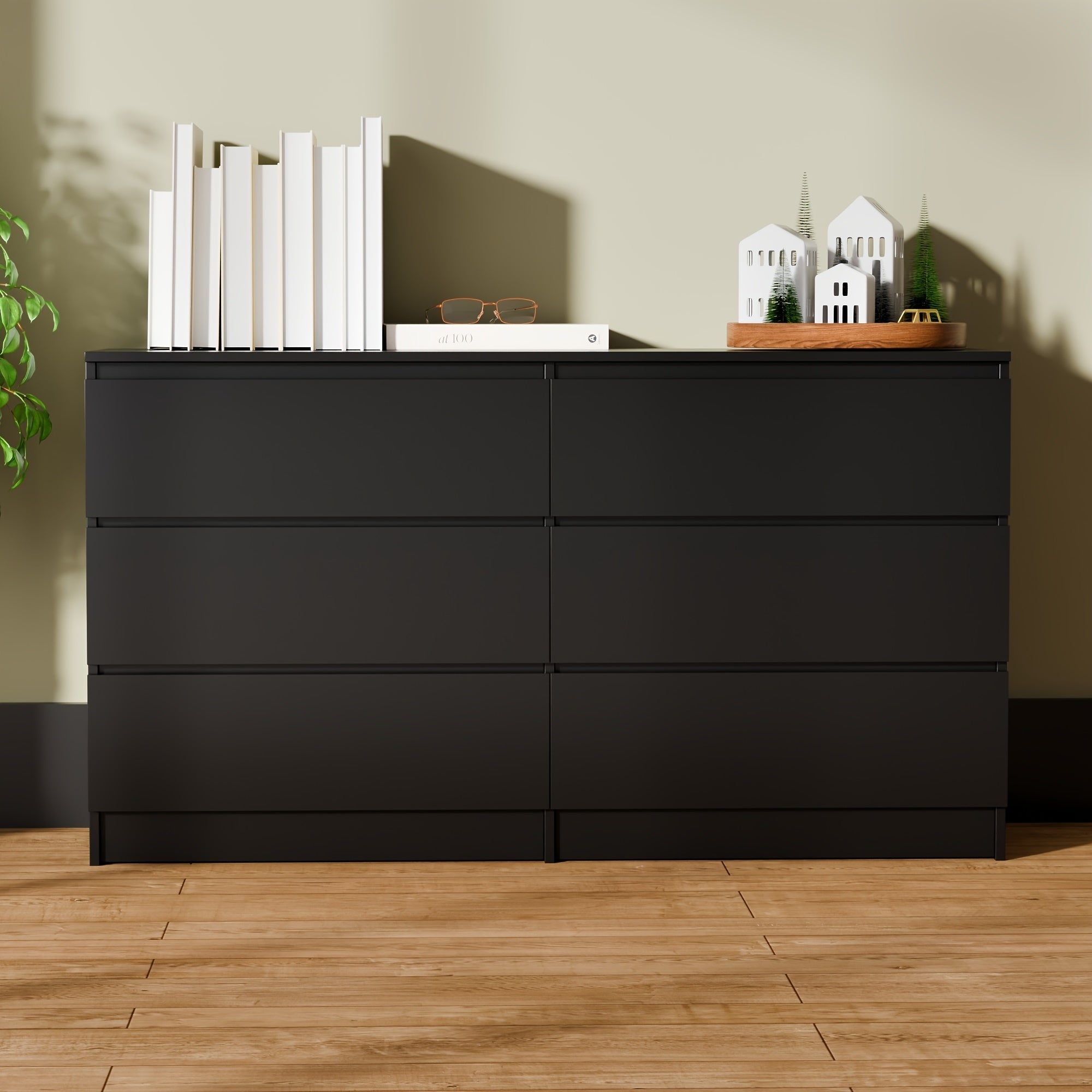 Modern 6-Drawer Wooden Cabinet - Versatile Sideboard, Buffet, Kitchen & Coffee Bar Organizer with Spacious Storage - Easy Clean, Available in White/Black/Oak