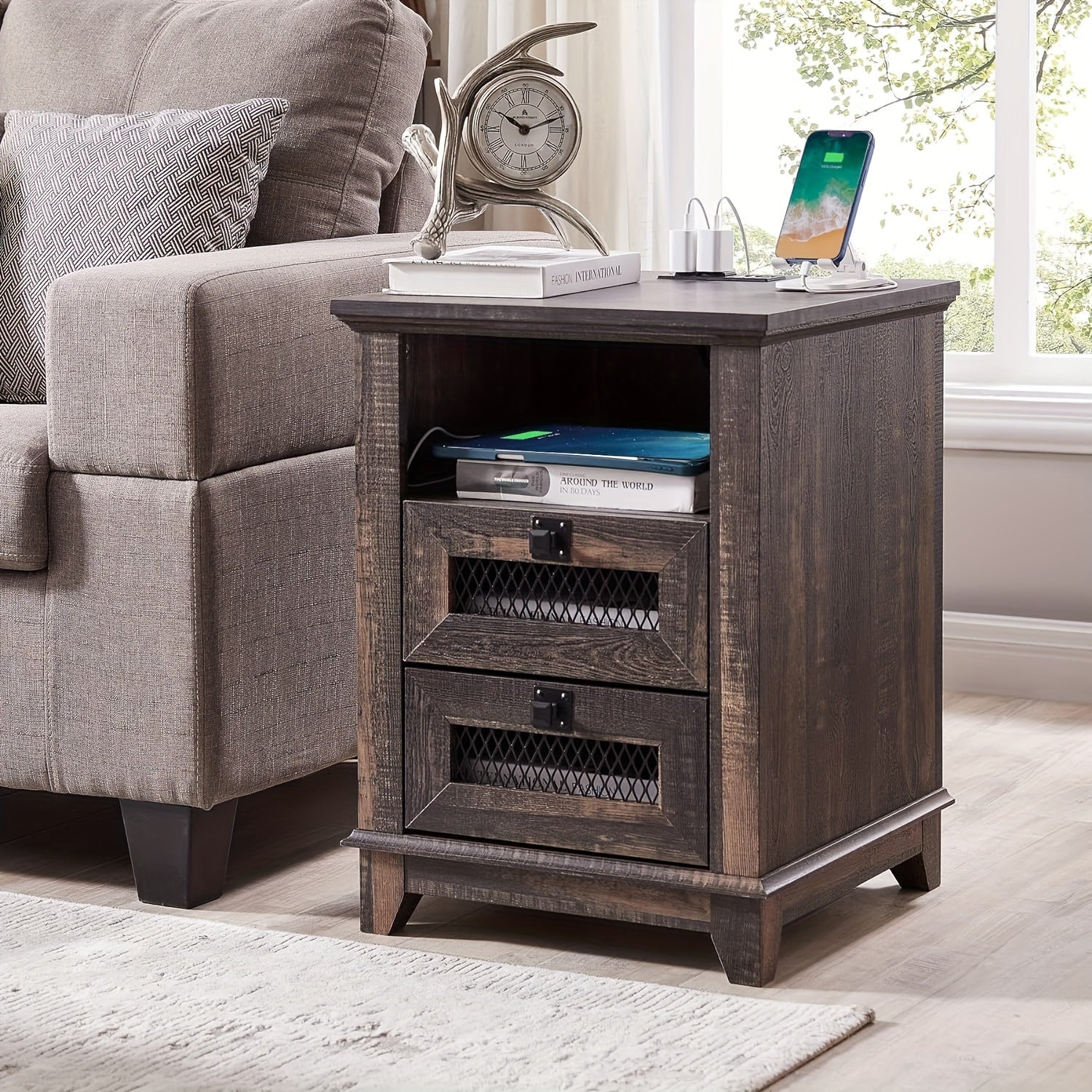 Nightstand With Charging Station, OKD 46cm Industrial & Farmhouse End Table With 2 Drawers & Open Cubby, Rustic Mesh Drawer Sofa Side Table W/Storage For Bedroom, Living Room, Office