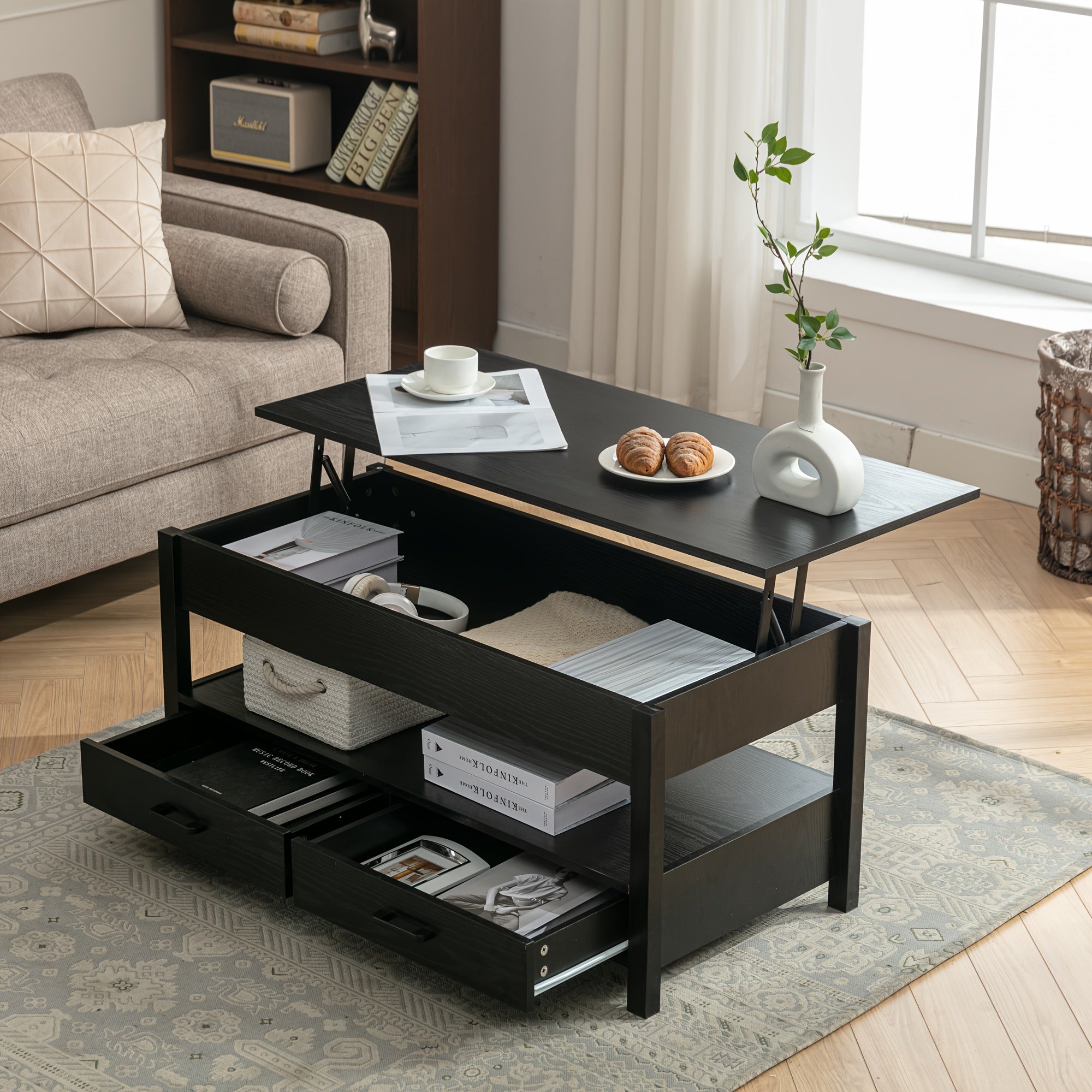 Lift Top Coffee Table Central Table W/Drawers&Hidden Compartment For Living Room