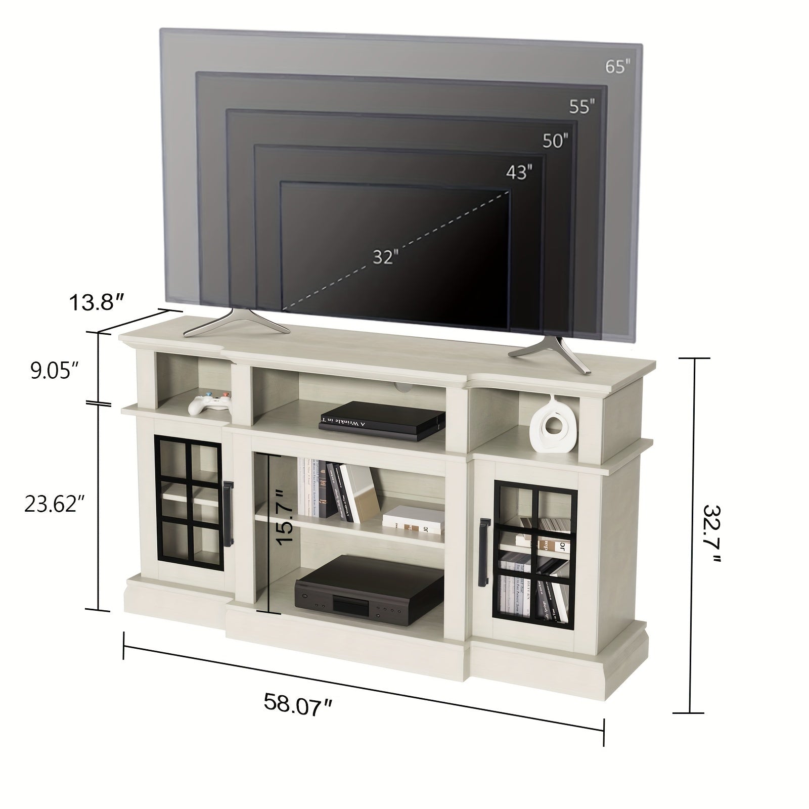 Wooden Dining Cabinet, Antique White Cabinet, TV Stand With Glass Door, Display Table For Living Room, Storage Cabinet Suitable For Dining Room, Farmhouse TV Cabinet With Adjustable Shelves, Tall Entertainment Center For Bedr